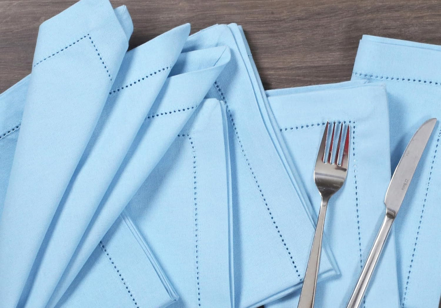 Bedding Craft Cloth Dinner Napkins Set of 12 – 18x18 Airy Blue Linen-Look Hemstitched – Soft Machine Washable Reusable