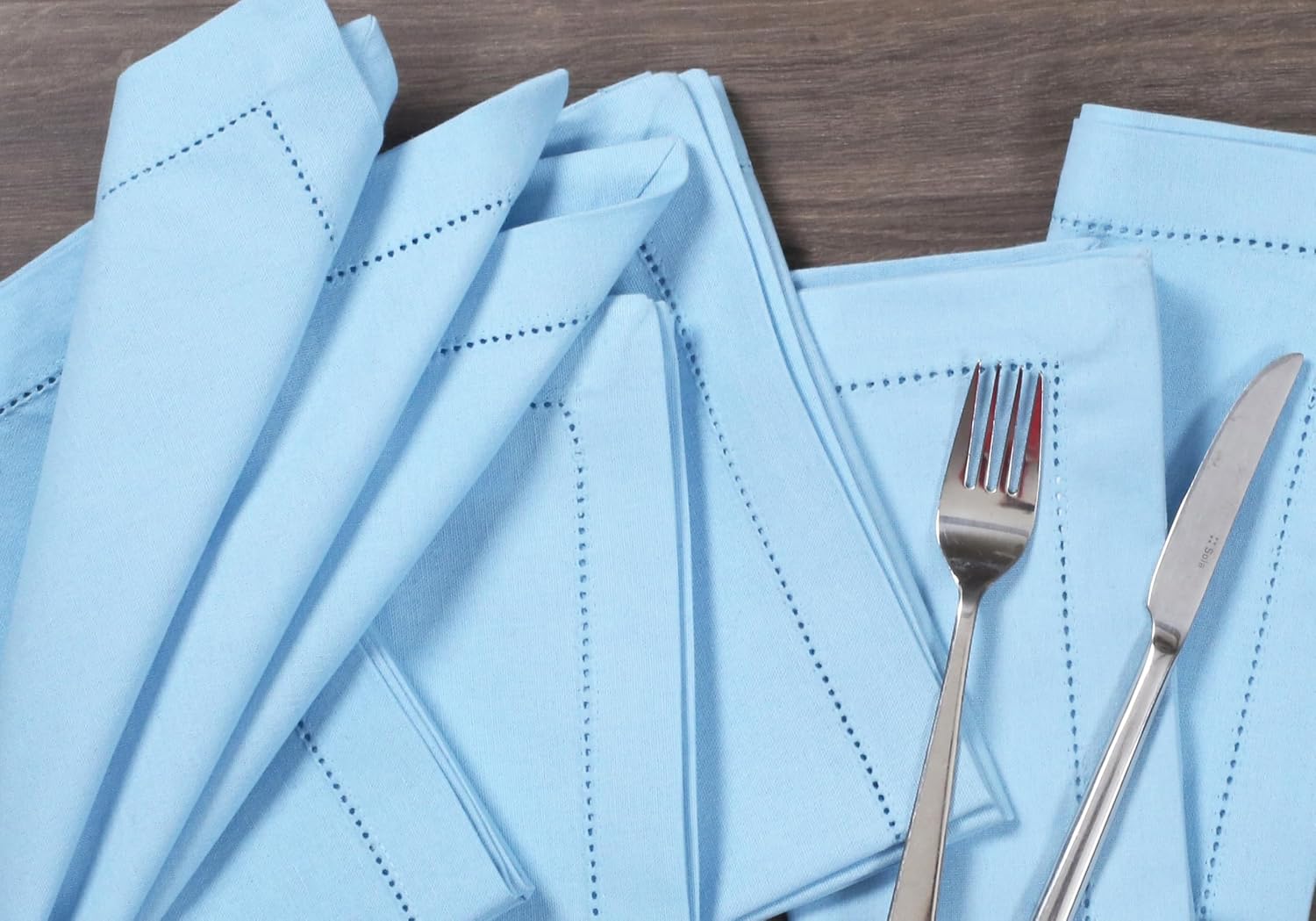 Bedding Craft Cloth Dinner Napkins Set of 12 – 18x18 Airy Blue Linen-Look Hemstitched – Soft Machine Washable Reusable