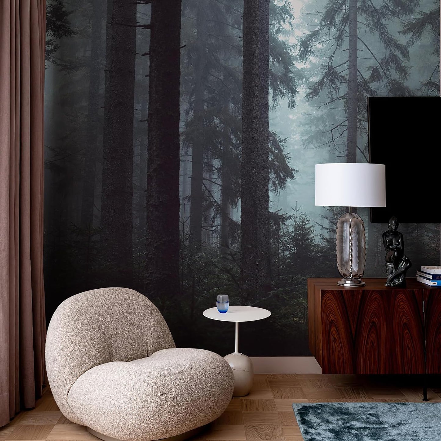 Foggy Forest Wall Murals Peel and Stick 148" Wx 98" H Misty Woodland Tree Self / Gray / 148 x 98
