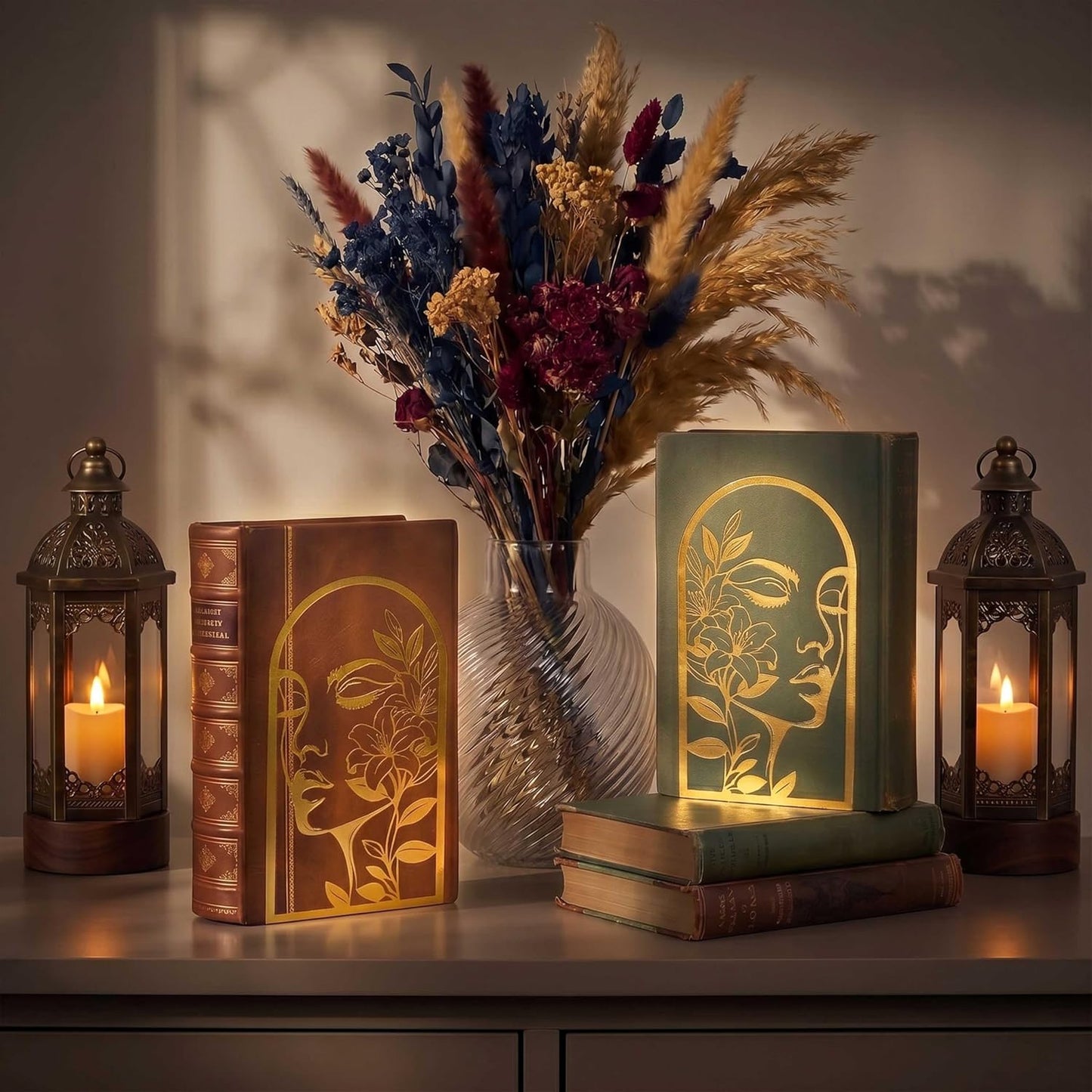 Metal Line Art Woman Lily Flower Bookends for Heavy Books / Gold