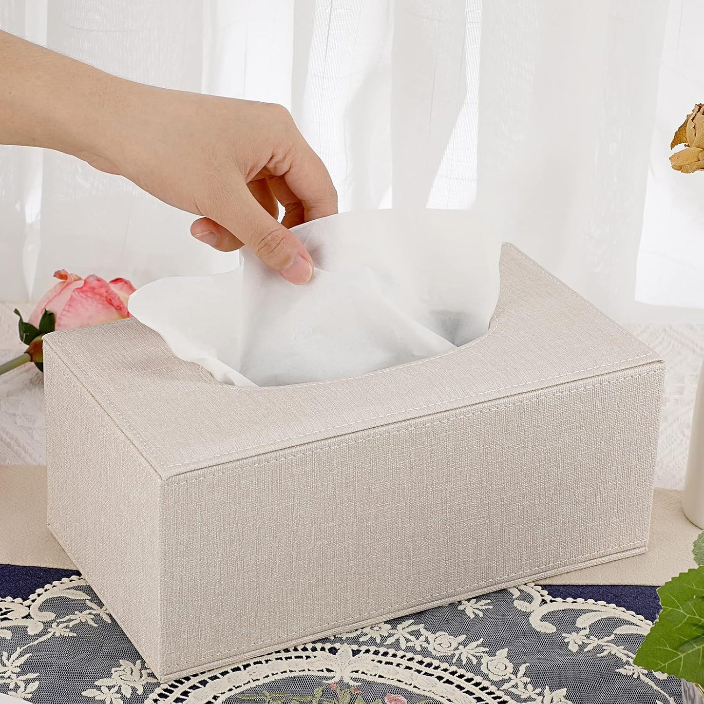 Tissue Box Cover Rectangle Linen Tissue Box / Medium / Beige