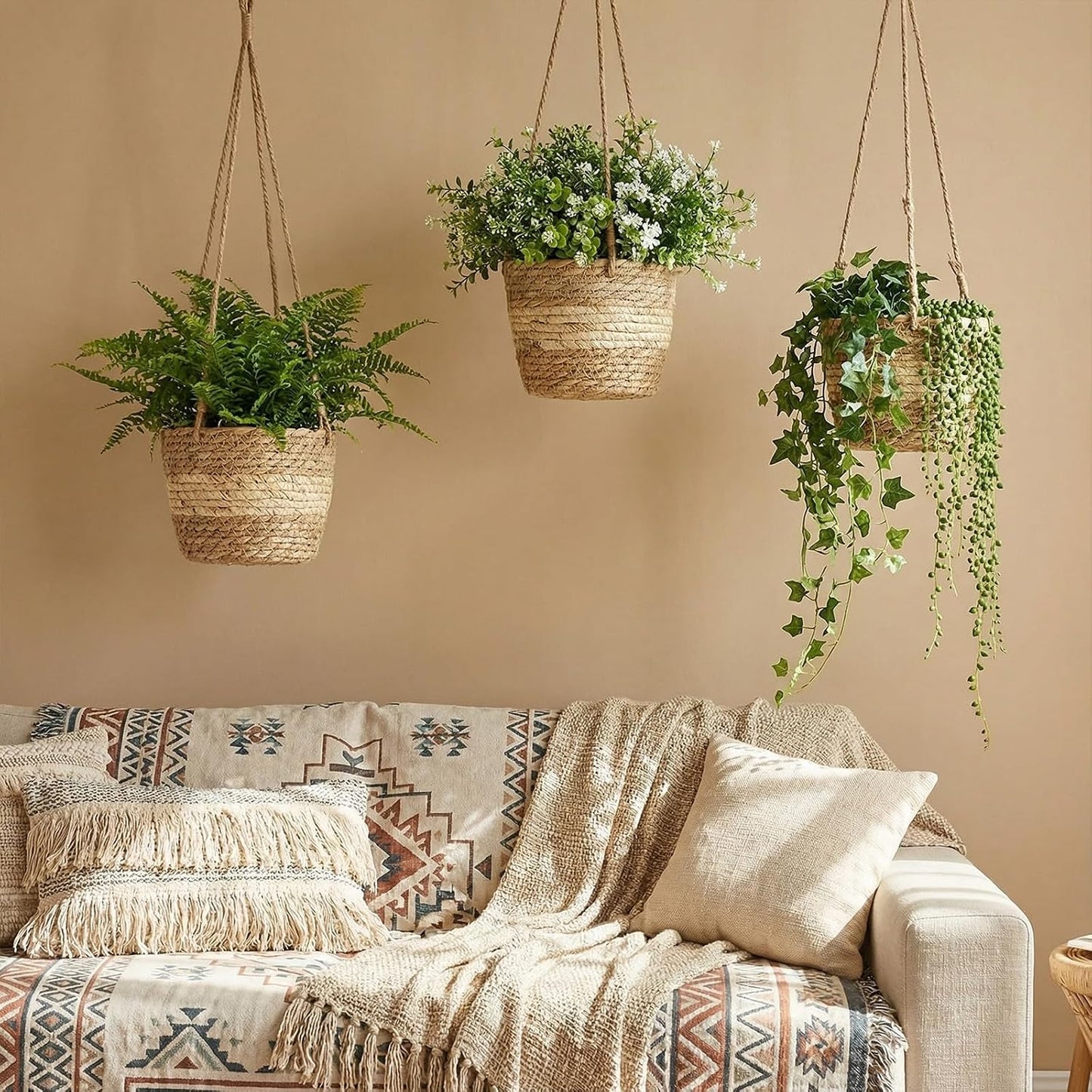Seagrass Hanging Planter Basket Hand Woven Plant Basket / Beige / Small / Set of 6
