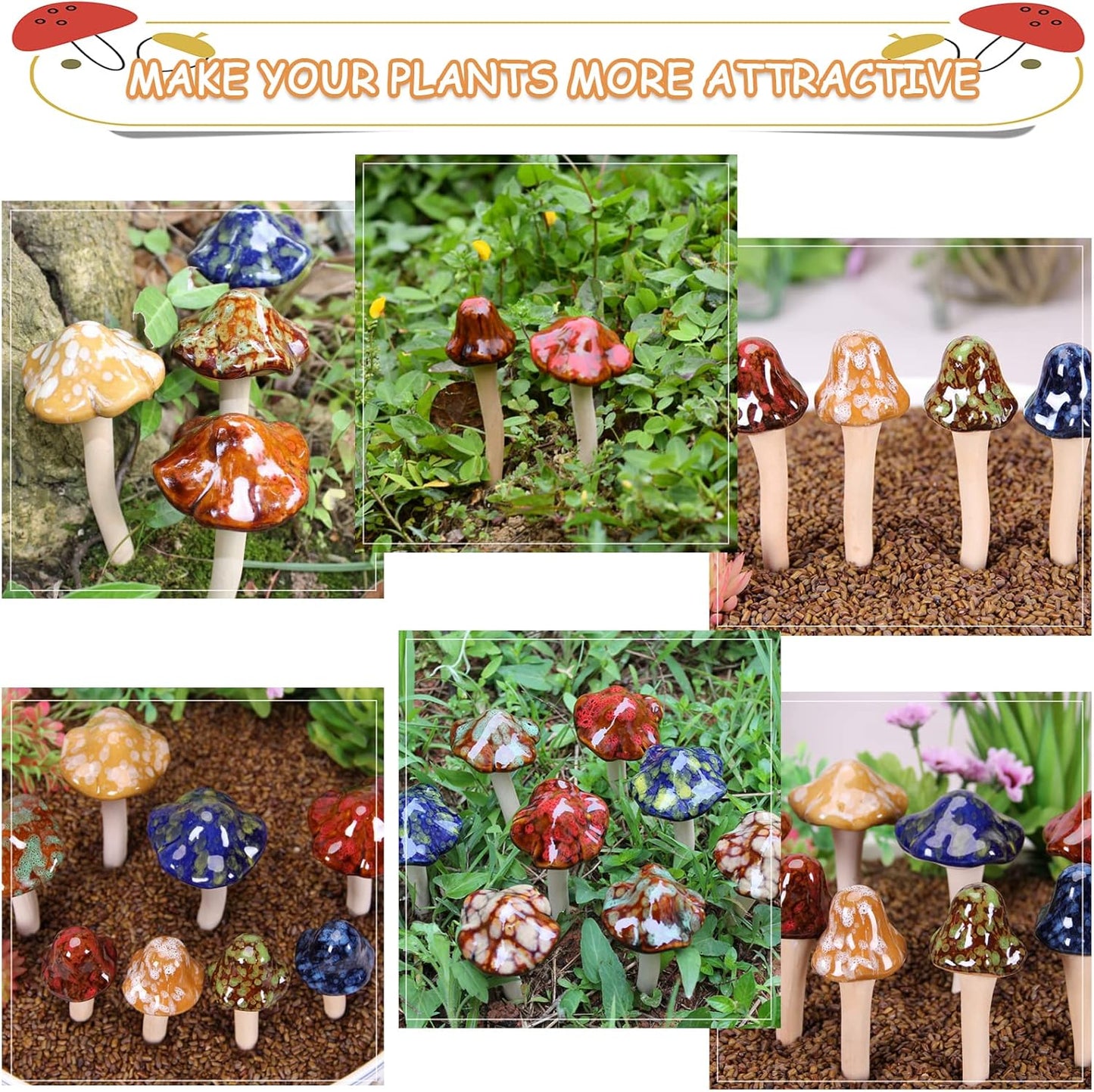 Ceramic Garden Mushrooms Figurine Decorative Plants Stakes Accessories Lawn / Blooming-1 / Set of 8
