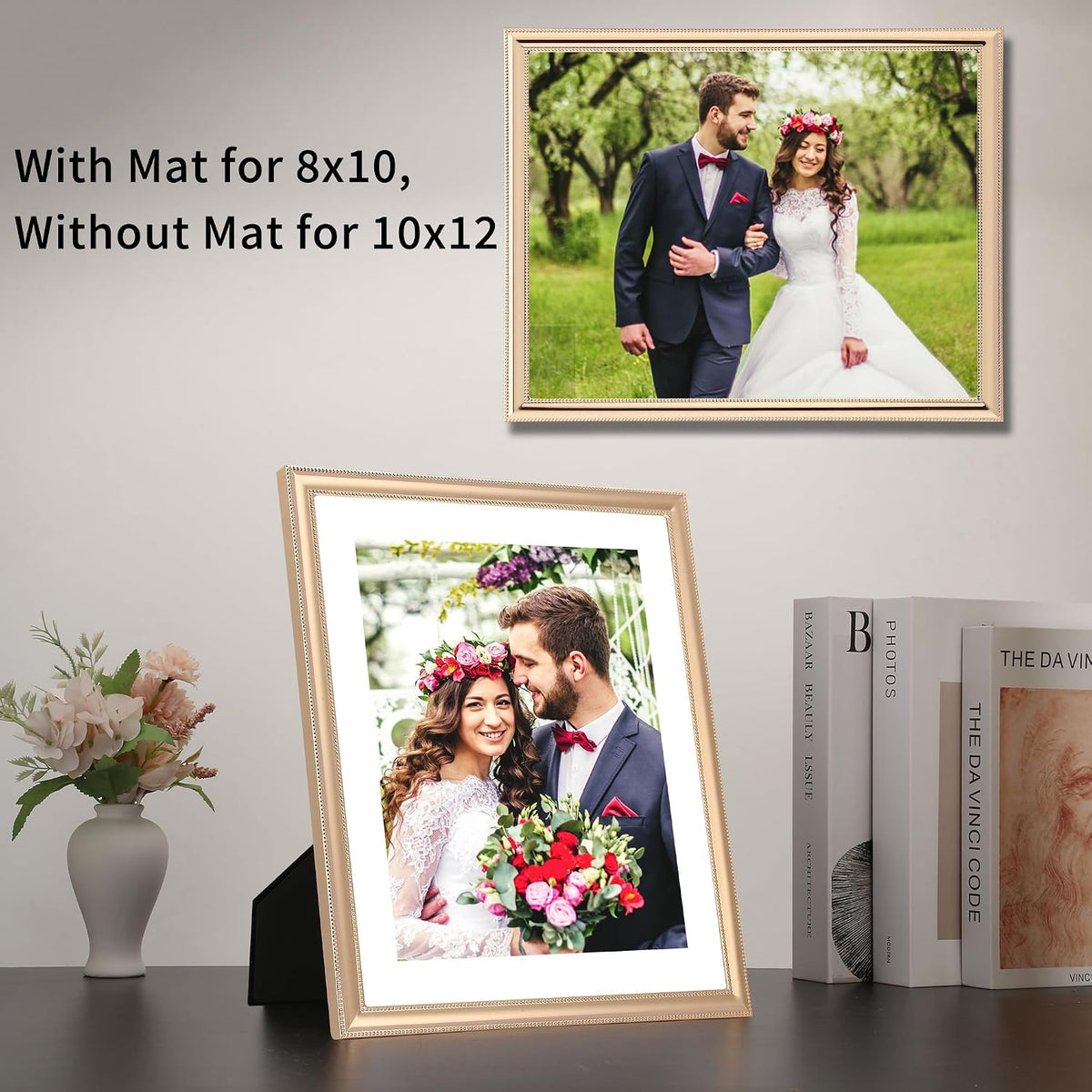 YiPinYin Classy Gold Plated 10x12'' Metal Beaded Picture Frame,with Acid Free Mat for 8x10'',Features Real Glass and