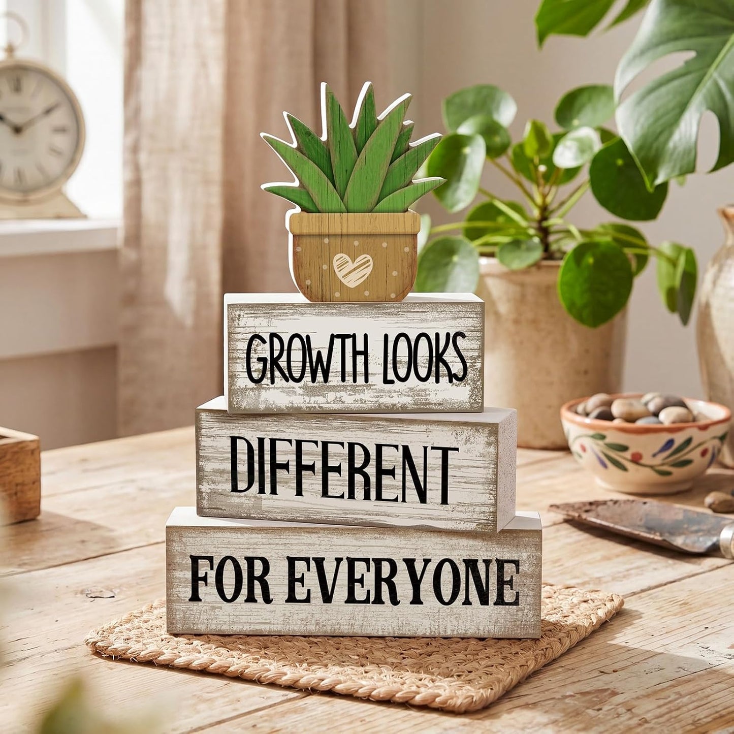 Inspirational Farmhouse Table Decor Rustic Stacked / Growth Looks Different for Everyone / Set of 4
