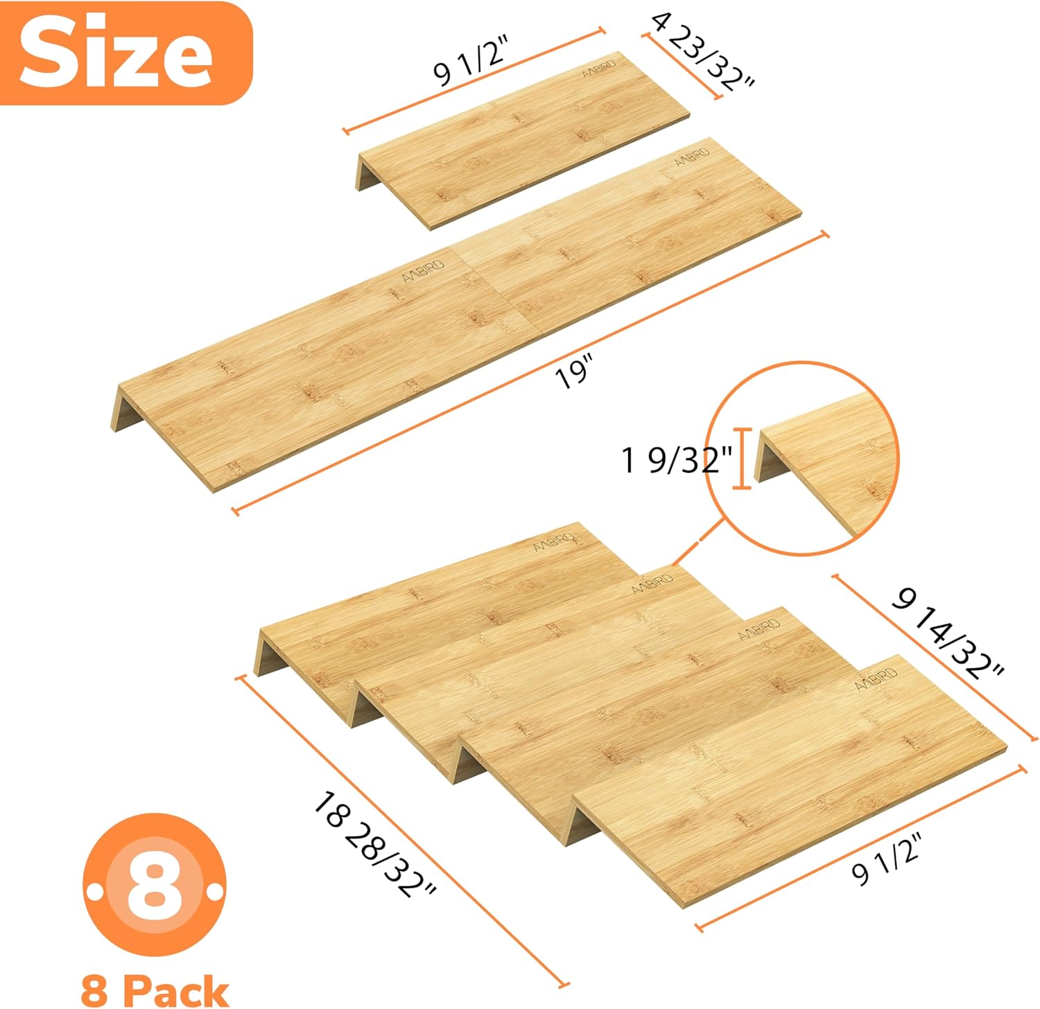 AMBIRD Bamboo Spice Drawer Organizer with Non-slip Mat,4 Tier - 2 Set Jar Spice Rack Tray From 9.5''to 19'', Seasoning