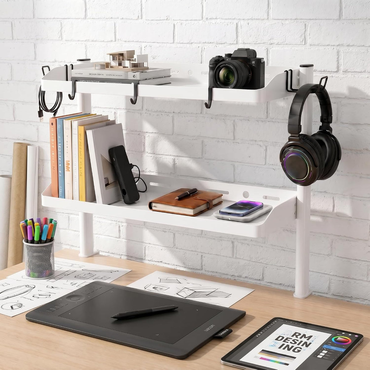 Clamp on Desk Shelf White, 2-Tier Office Desk Shelves Organizer, 17in Small Shelf for Top of Desk with Headphone