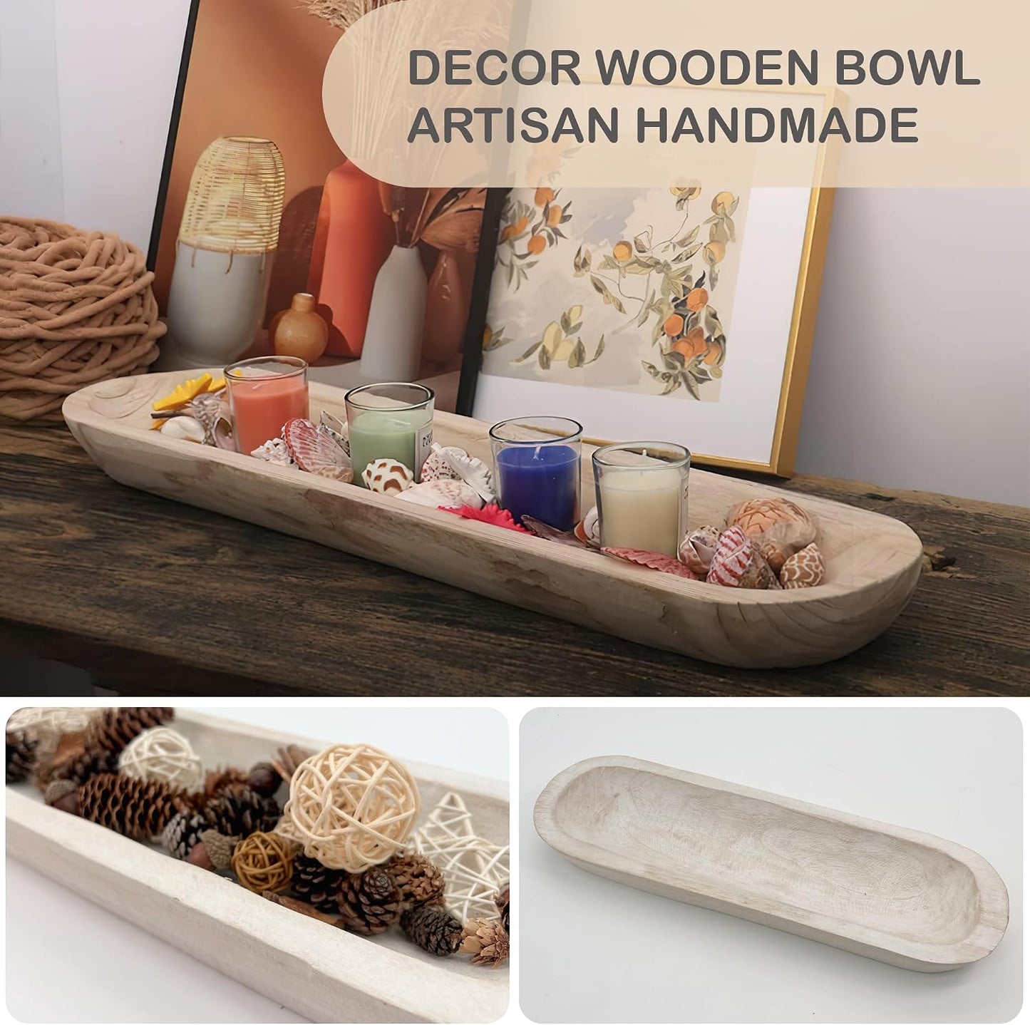 Rustic Long Wood Bowl / 17 x 5 x 2 / Inch White