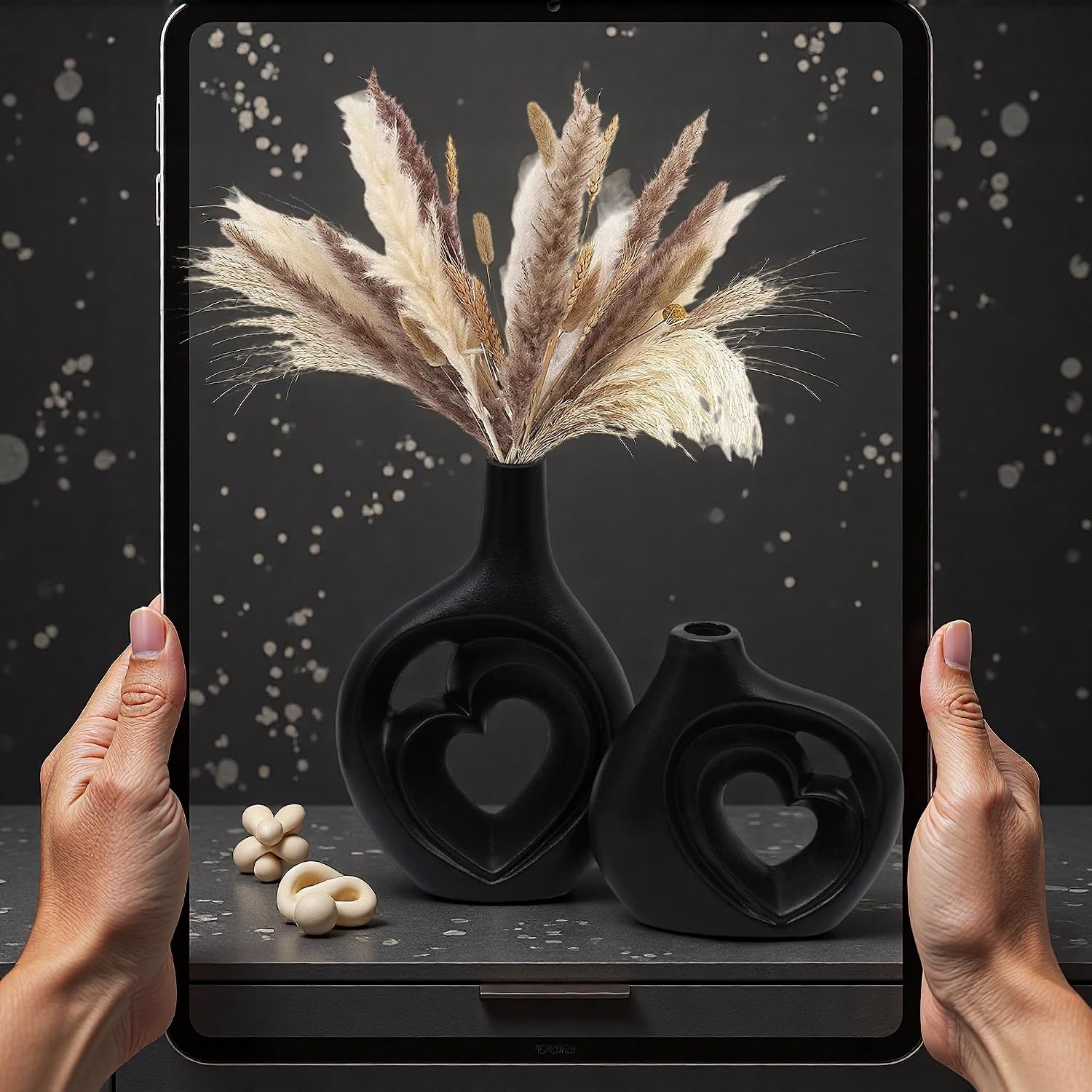 Matte Black Heart Shaped Hollow Ceramic Vase / Black-01 / Set of 2