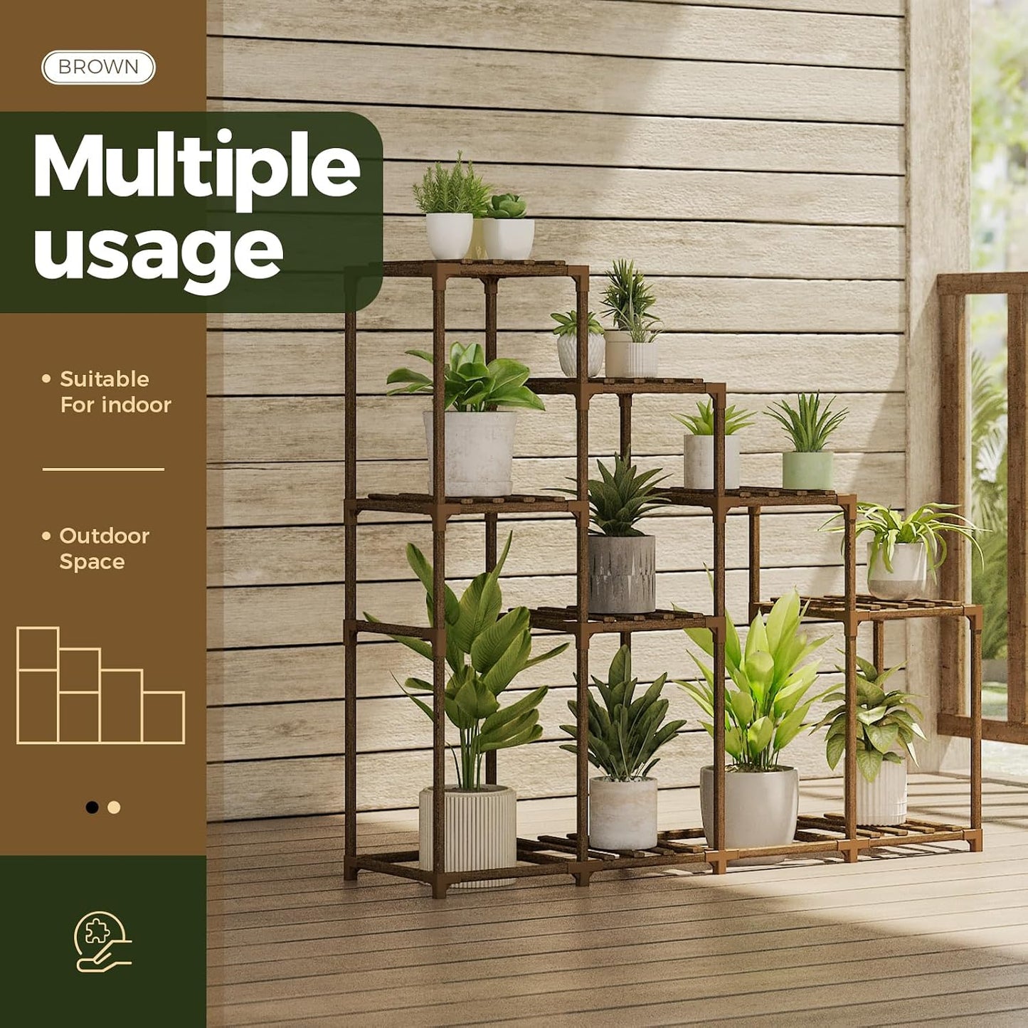 Bamworld Tall Plant Stand Indoor Wood Plant Shelf Outdoor Tiered Plant Rack | for Multiple Plants 4 Tiers 10 Pots