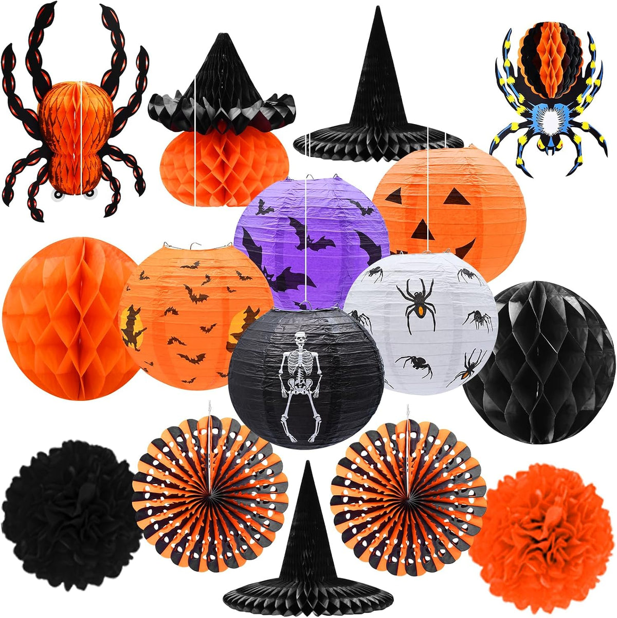 16-Pack Halloween Honeycomb Paper Lantern Ornaments – Hanging Decorations in Pumpkin, Spider, Witch Hat, and Ghost Designs for Halloween Party, Indoor Outdoor Décor, Fall Festival Supplies