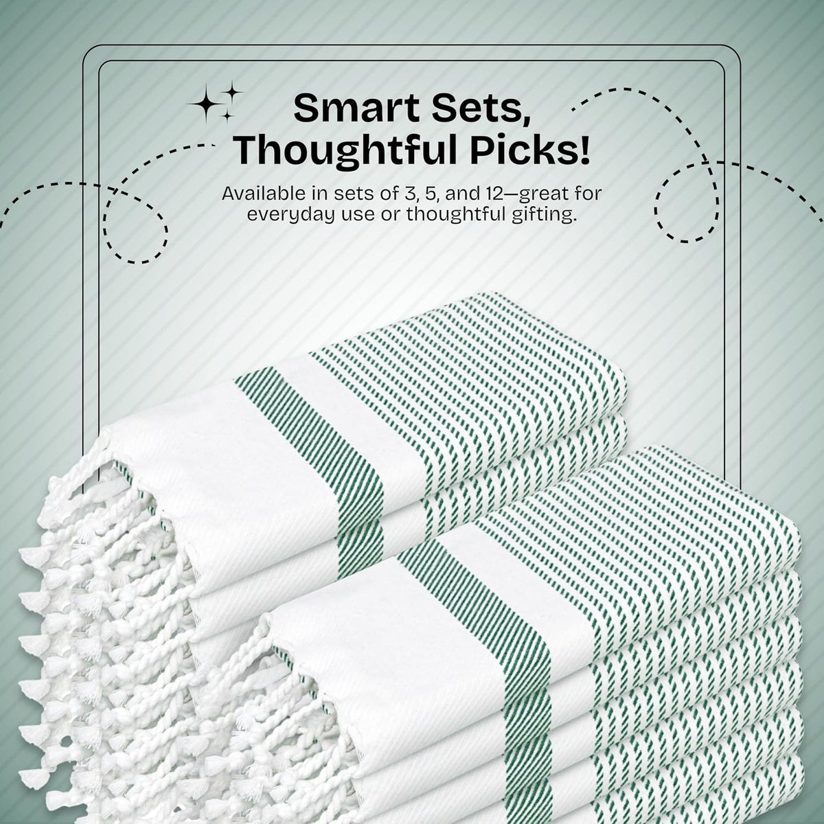 Turquiose Green Turkish Kitchen Towels 16"x26", 12 Pack, 100% Cotton, Ultra Absorbent, Soft, Fast Dry, Machine