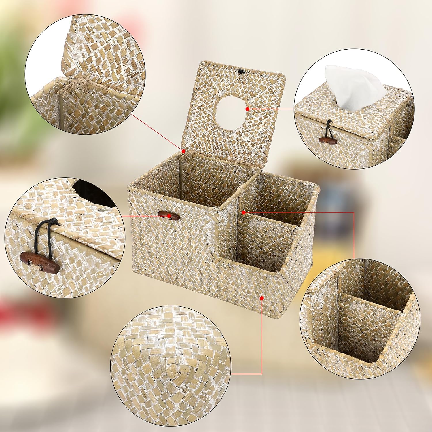Tissue Box Cover-Square Woven Tissue Box Organizer for Desk Rustic Tissue Box / Whitewash / Seagrass