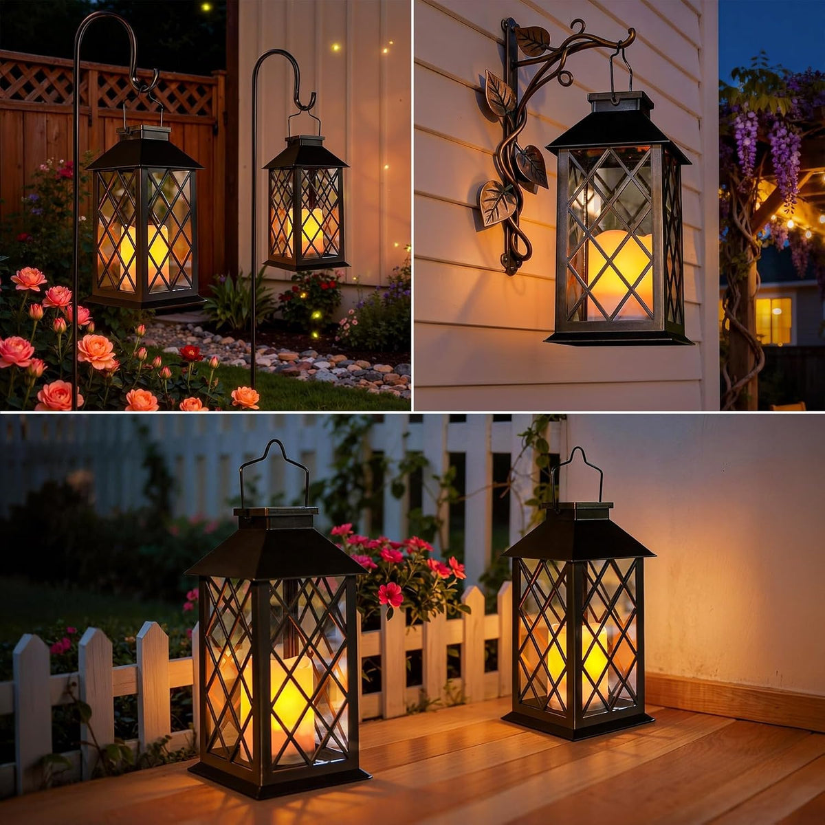 [2 Pack] TAKE ME Black 14" Solar Lanterns Outdoor Waterproof Garden Lanterns LED Candle Lights for Garden Outdoor Decor