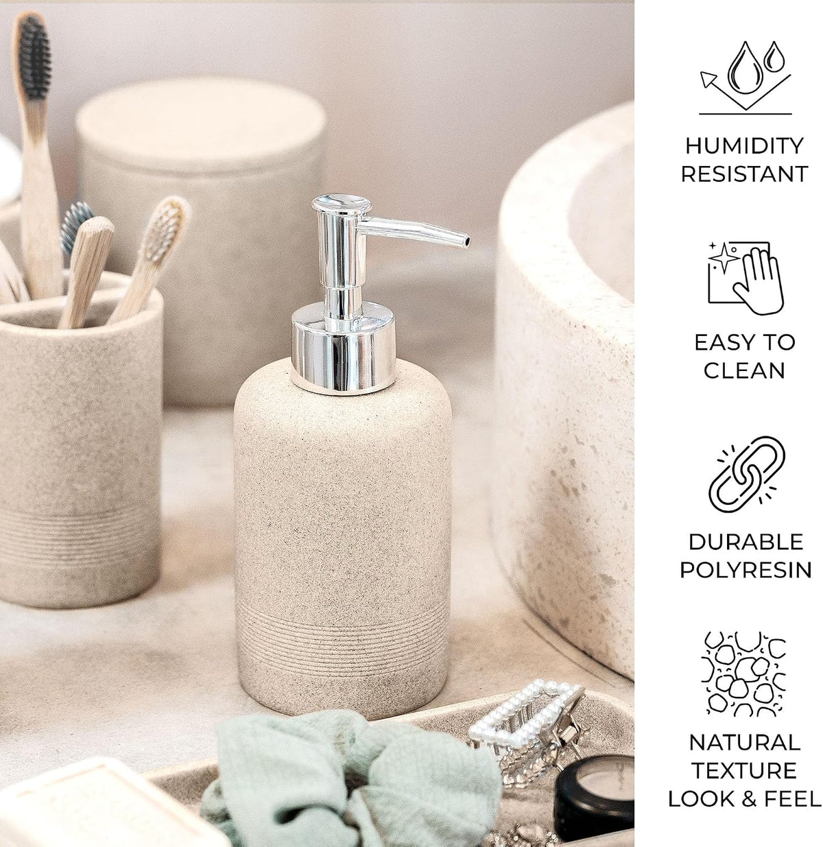 Beige Bathroom Accessories Set 6 Pieces - Toothbrush Holder, Lotion Dispenser, Qtip Container, Vanity Tray, Tumbler