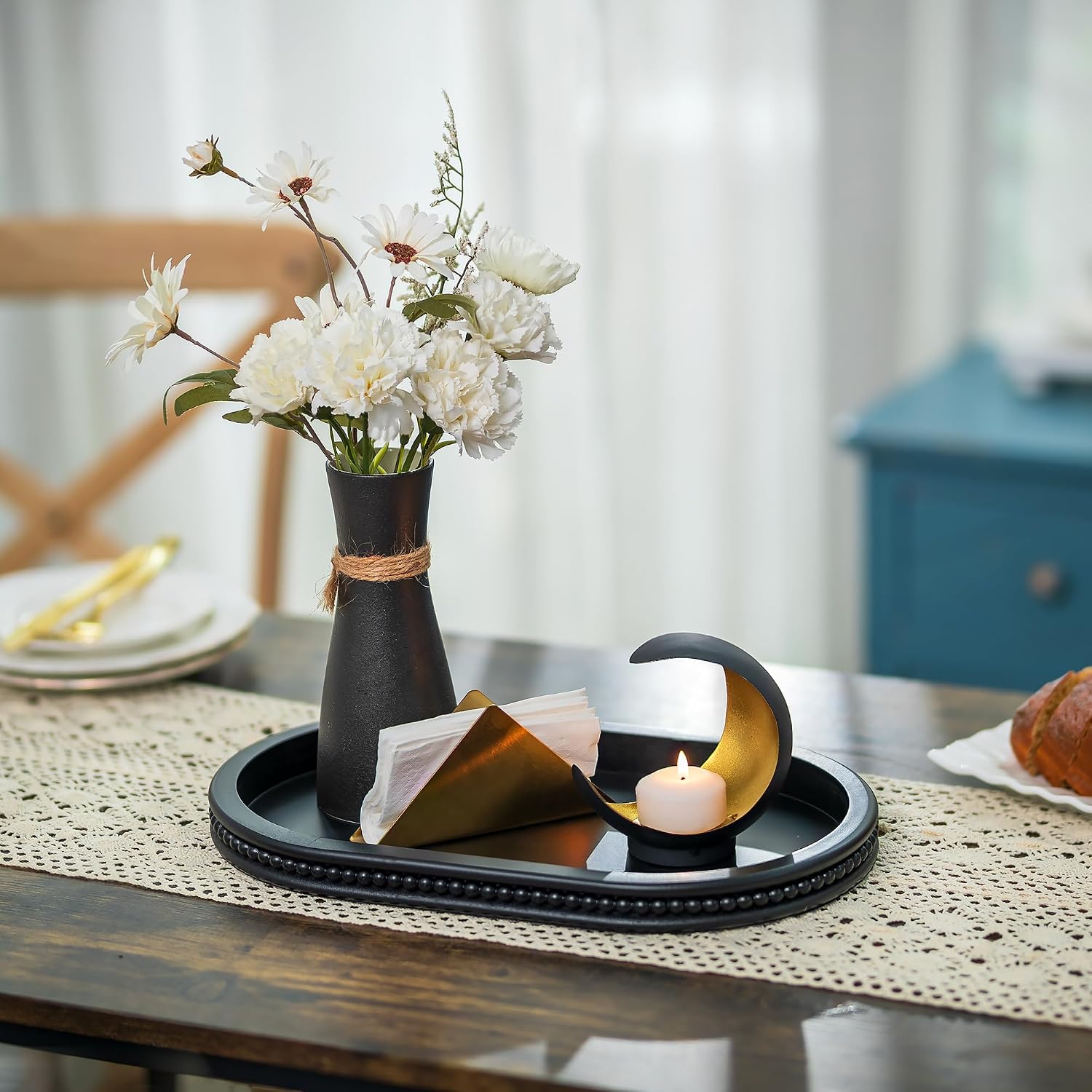 Oval Centerpiece Tray Wood for Farmhouse Entry Table Decor Round / Black