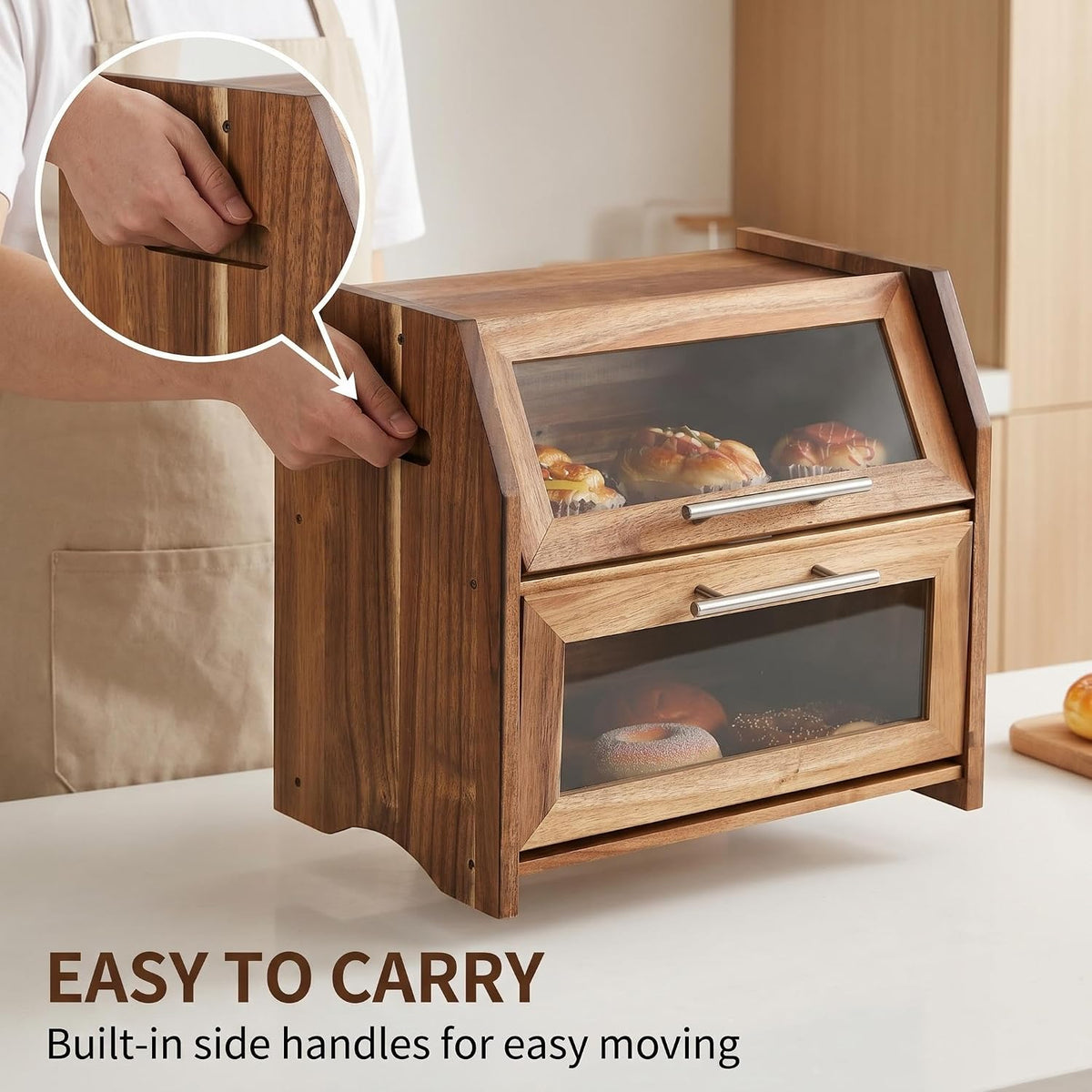 Garvee Acacia Wood Double Layer Bread Box, Clear Acrylic Door | Ventilation Design, Compact Countertop Organizer
