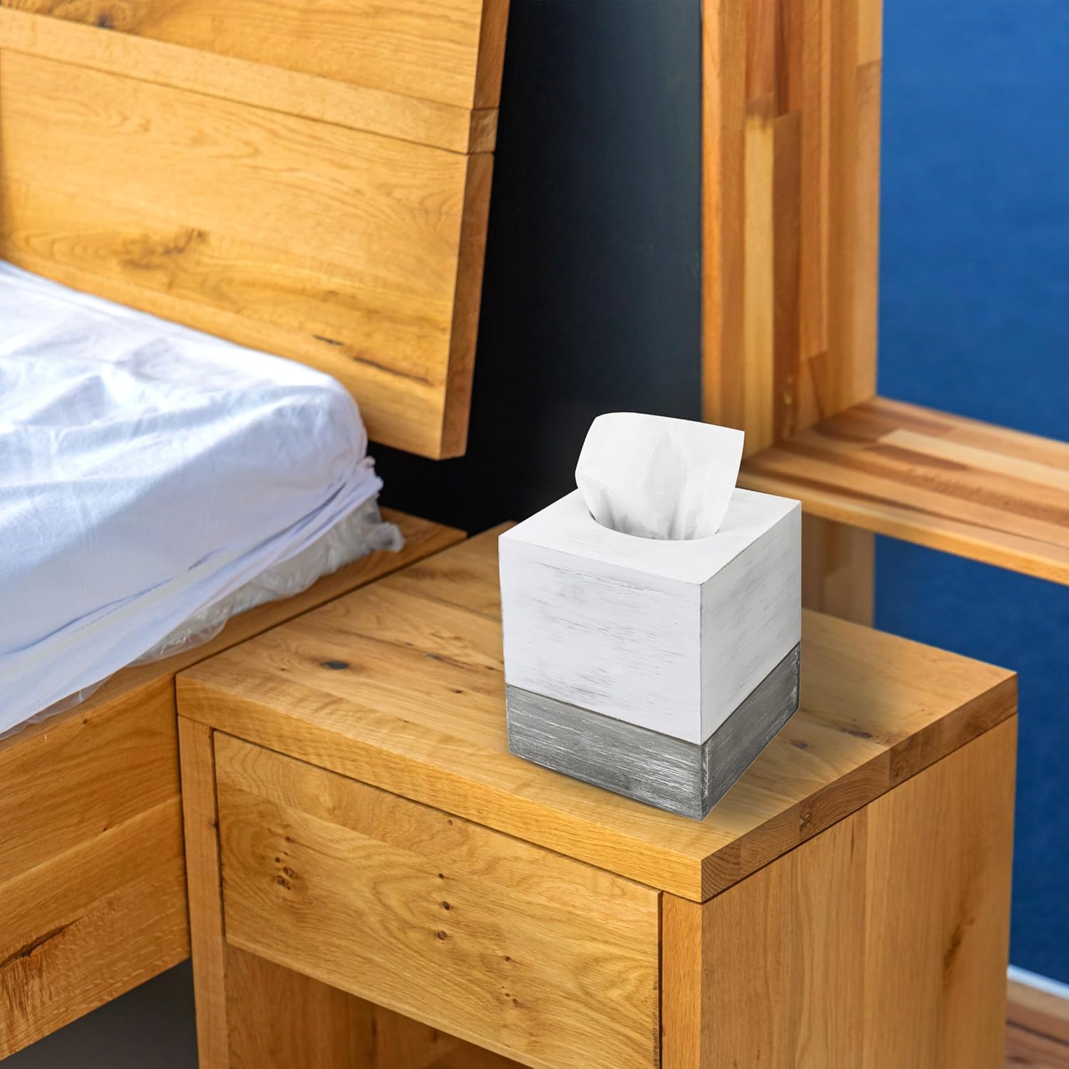 Tissue Box Cover Square Vintage White and Distressed Gray Wood Bathroom Tissue Box / White & Grey