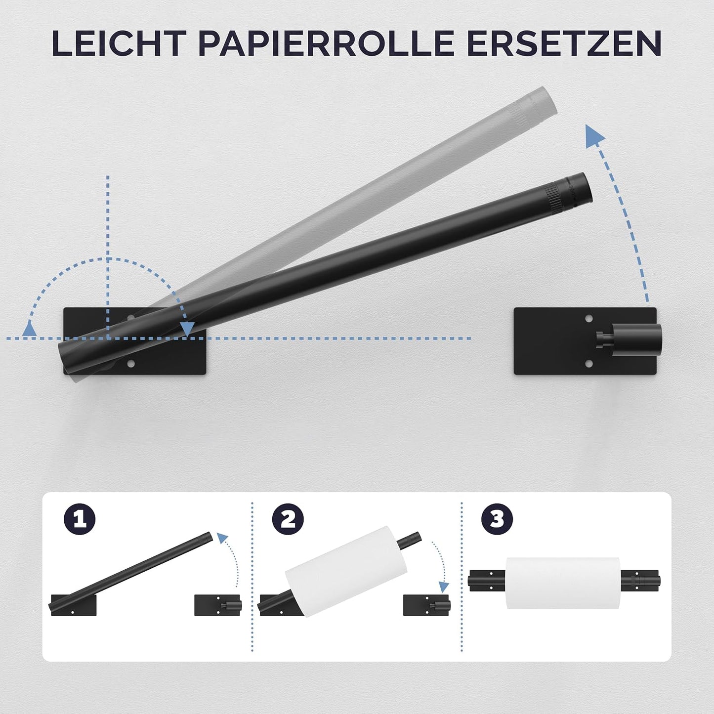 Matte Black Paper Towel Holder Under Cabinet Self Adhesive | 304 Stainless Steel Post Pivoting Design Wall Mounted & No