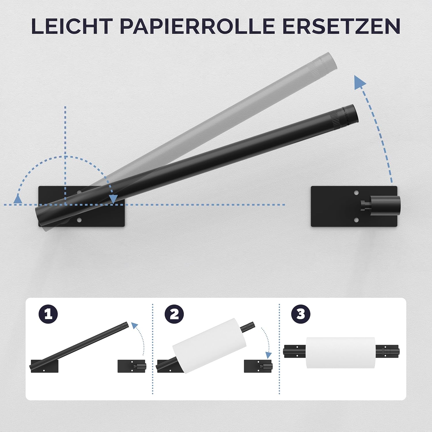 Matte Black Paper Towel Holder Under Cabinet Self Adhesive | 304 Stainless Steel Post Pivoting Design Wall Mounted & No