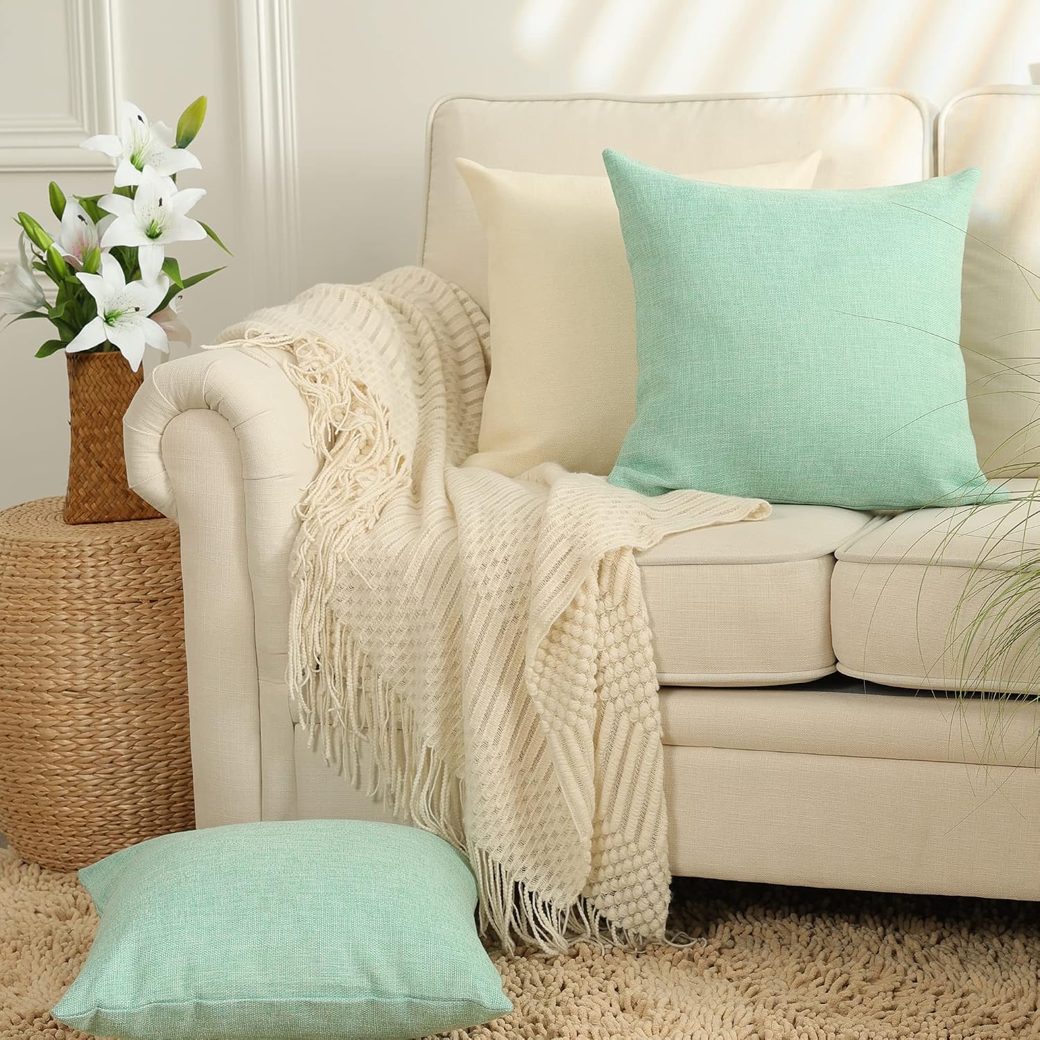 Burlap Throw Pillow Covers Solid Farmhouse Linen Pillowcase for Bed / 24 x 24 / Green / Set of 2