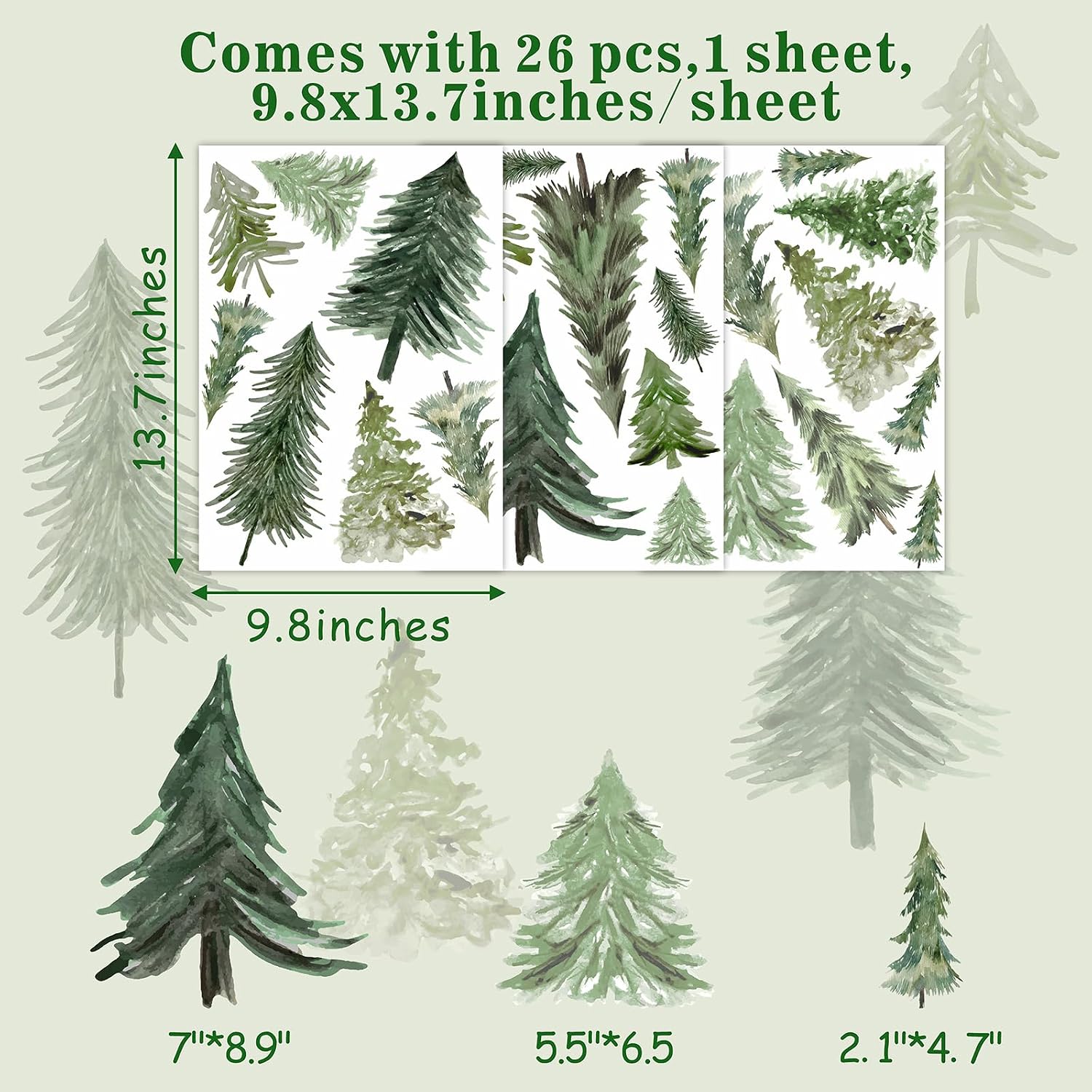 Watercolor Tree Wall Stickers Small Pine Tree Wall Decal Trees Wall Window / Small Tree / Green