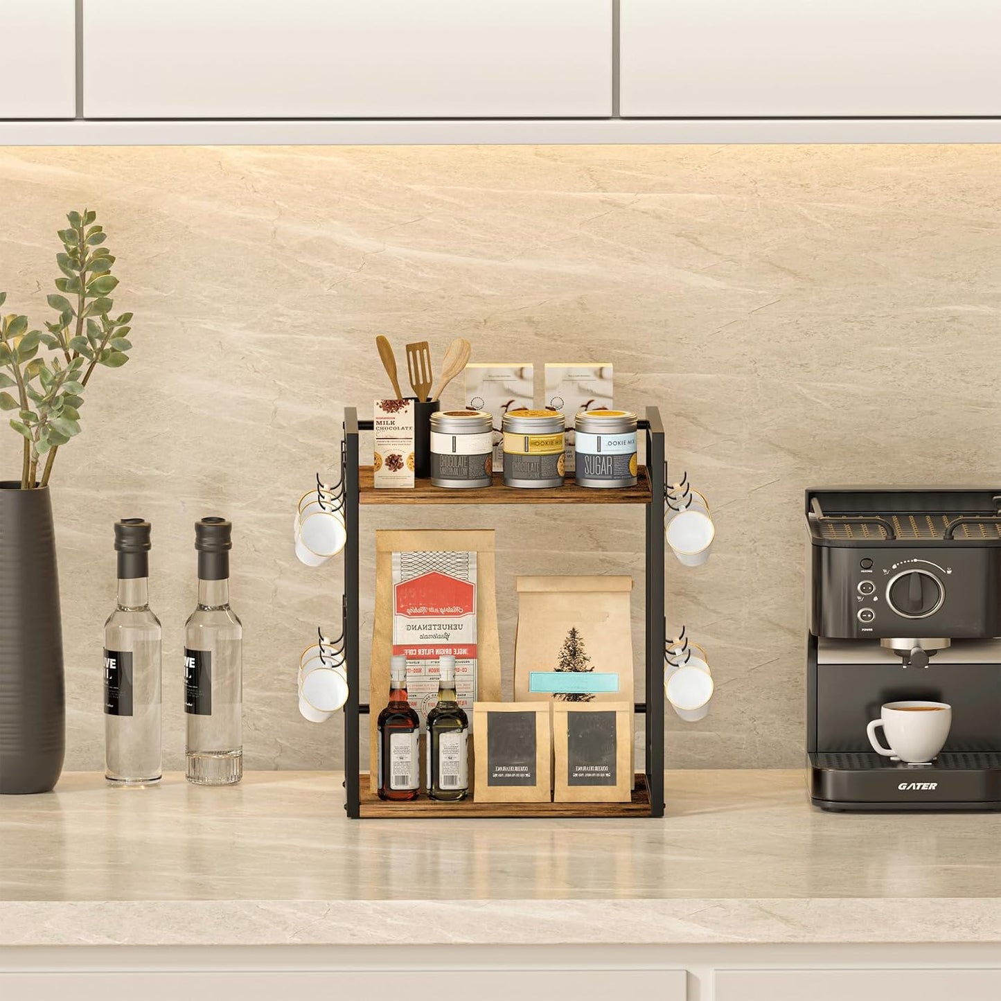 Dorhors Coffee Bar Organizer,Mug Holder,Station Organizer Kitchen Counter | 2 Tier Rustic Brown Wood Coffee Bar