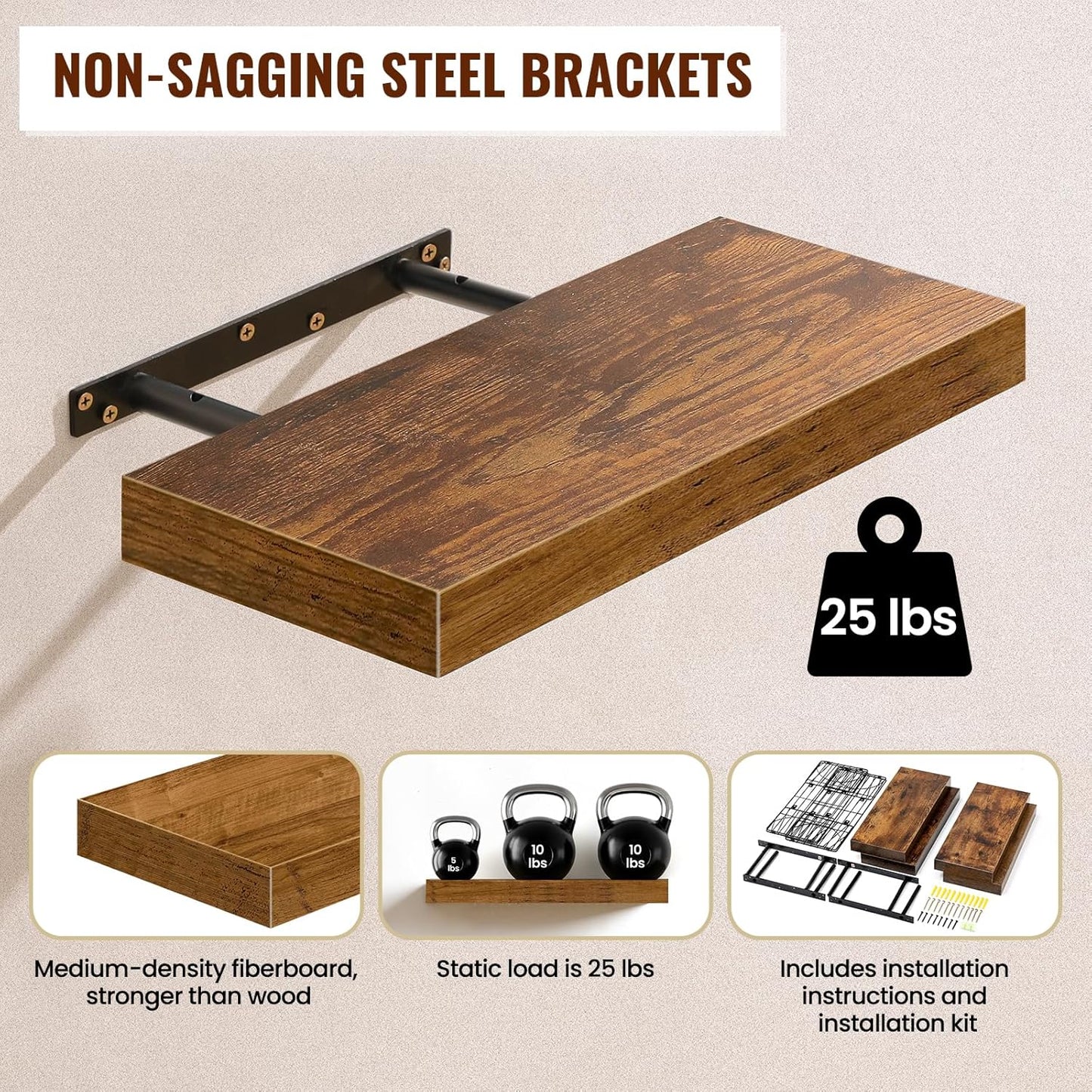 Wall Mounted Rustic Wood Floating Shelves / Brown / 16 Inches / Set of 4