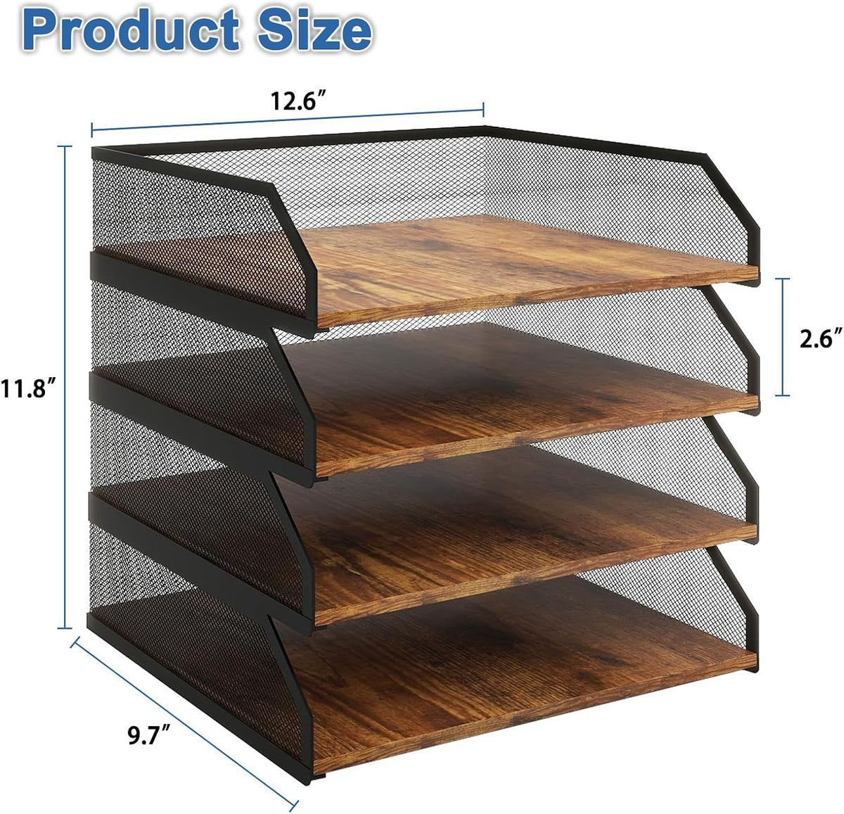 Natwind 4-Tier Stackable Metal Mesh Paper Organizer with Sliding Tray,Retro | Wooden Desk Organizer, Letter Tray For