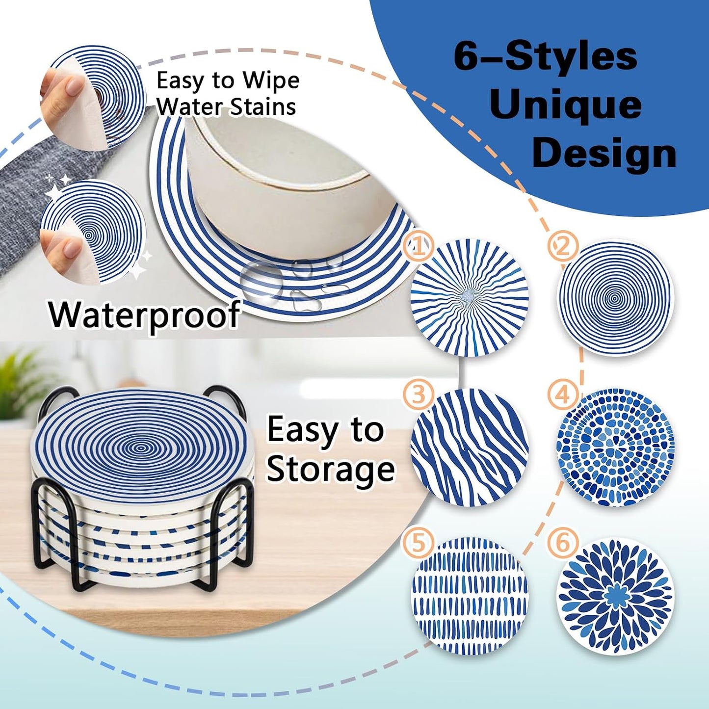 Holder / White Ceramic Coasters / Geometric / Blue / Set of 6