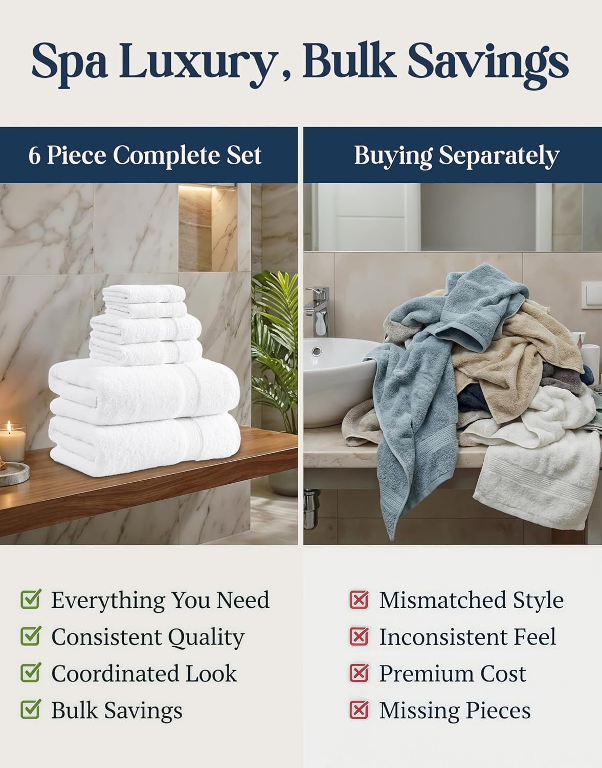 LANE LINEN Bath Towel Set 100% Cotton 6 Piece Soft Absorbent - White | Shower Towels - Generously Sized, Oversized &