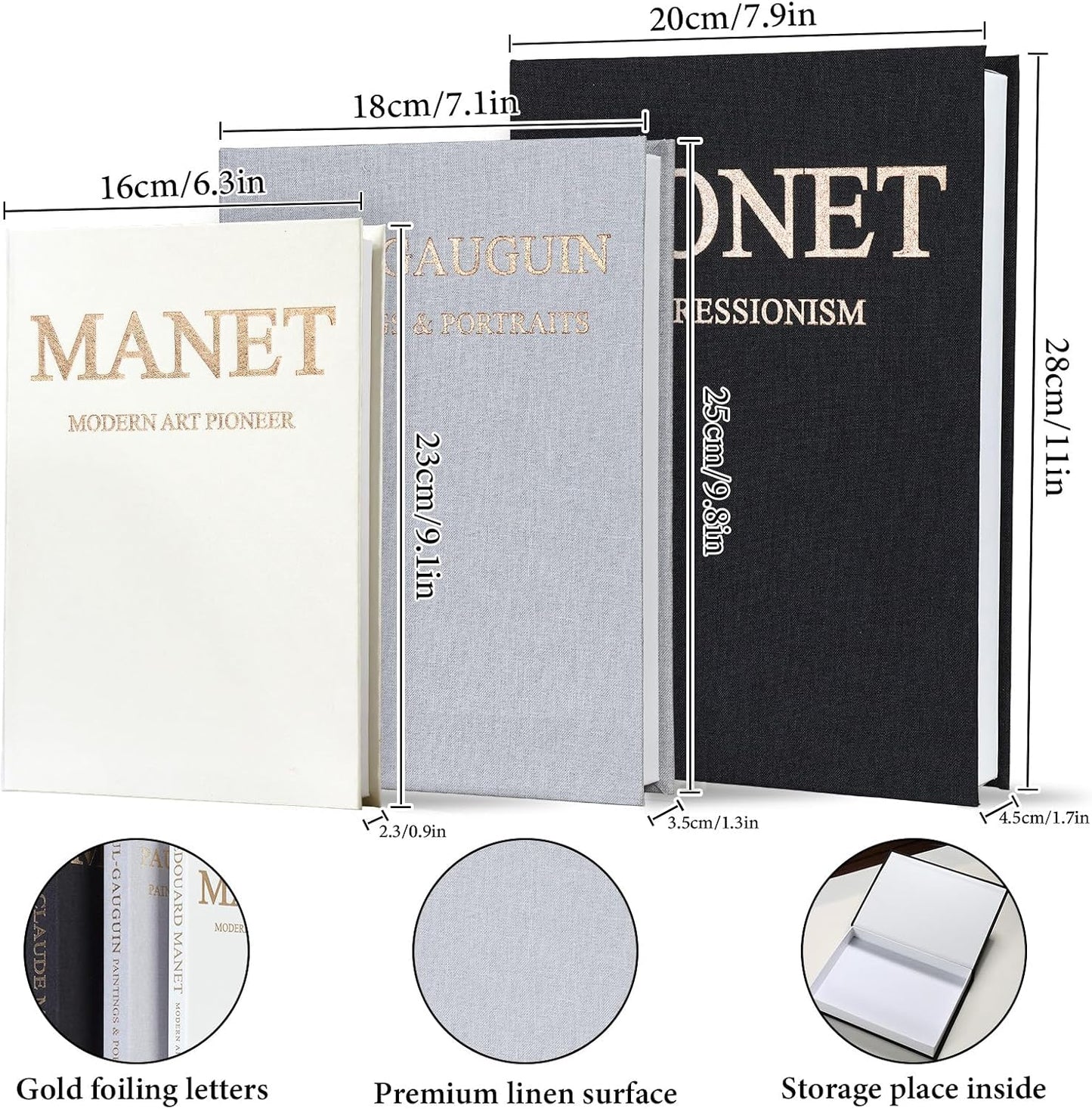 Aesthetic Faux Linen Books Hidden Photo / Black-grey-white / Set of 3