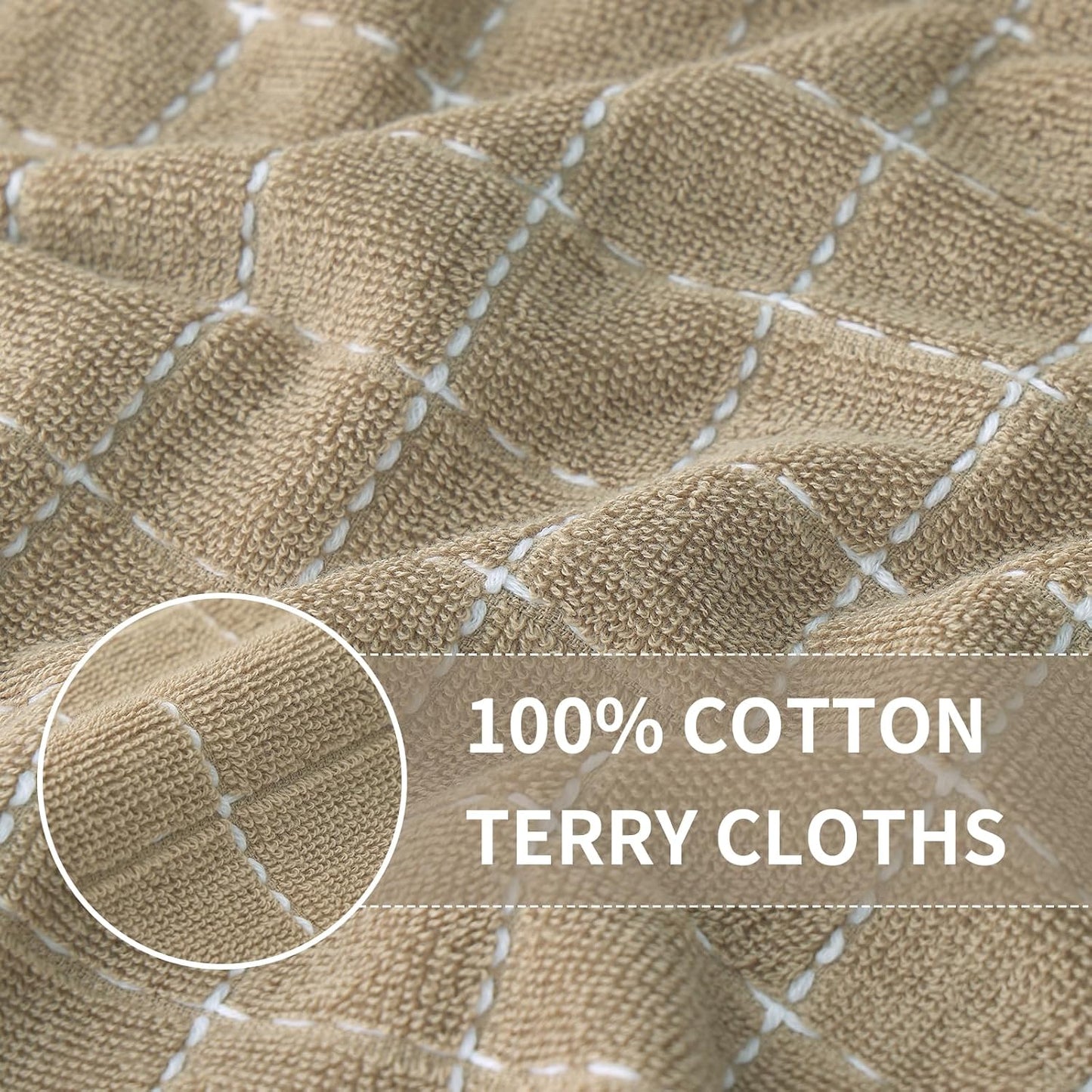 Homaxy Kitchen Towels and Dishcloths Set, Set of 12, Tan | Bulk Cotton Terry Kitchen Towels, Checkered Designed, Soft