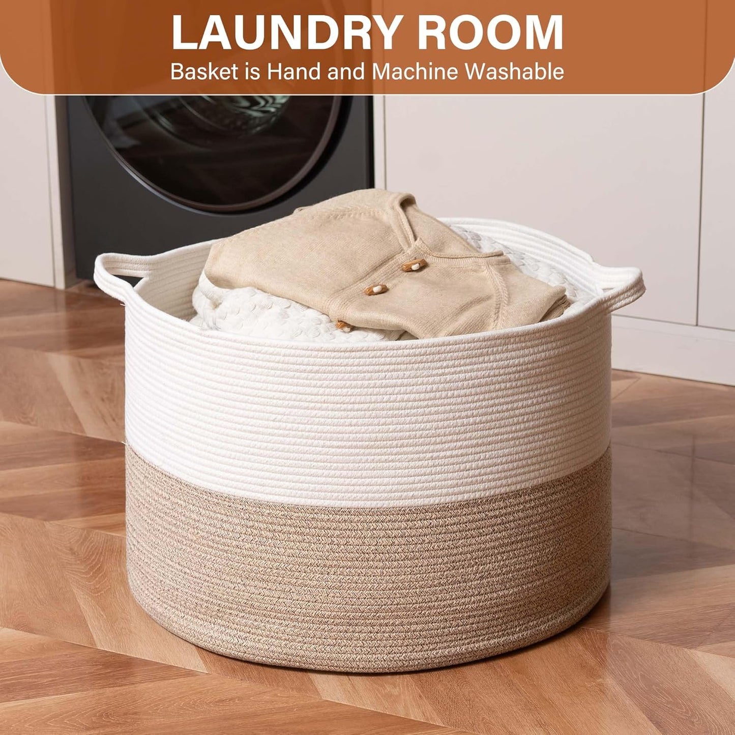 Collapsible Handle Cotton Rope Soft Woven Fabric Storage Organizer Clothes / White & Brown / 65L