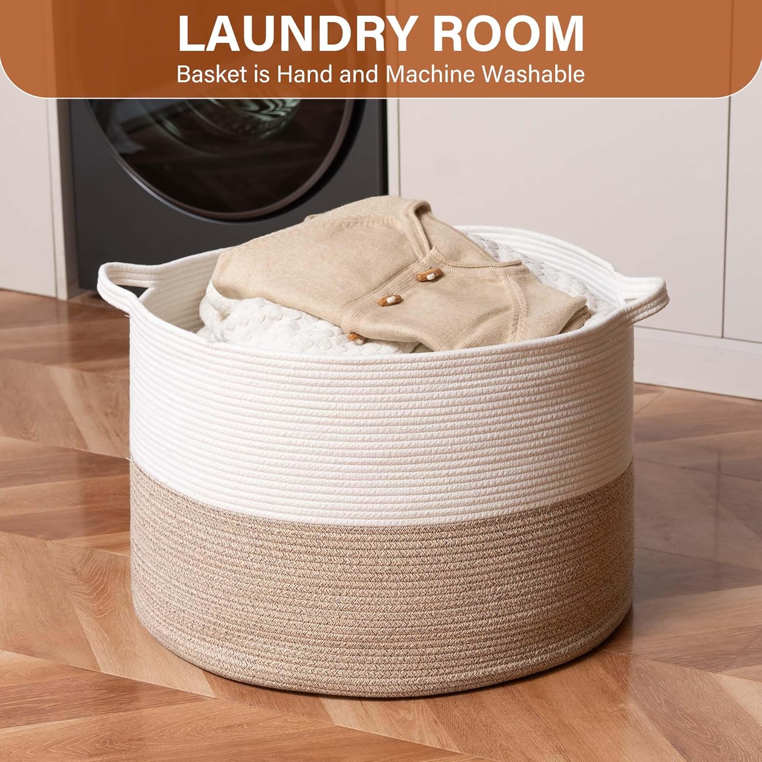 Collapsible Handle Cotton Rope Soft Woven Fabric Storage Organizer Clothes / White & Brown / 65L