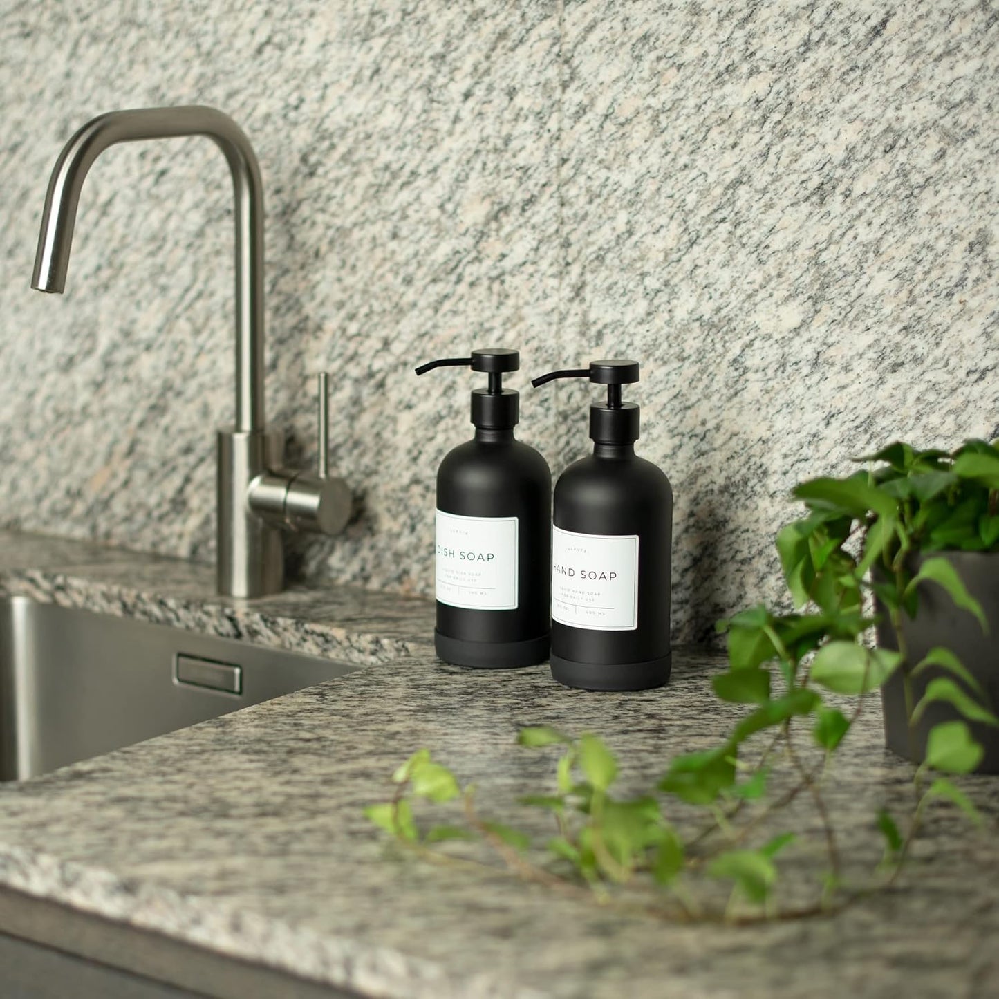 Hand and Dish Soap Dispenser for Kitchen and Bathroom, Set of 2 16 Oz Glass Bottles, Stainless Steel Pumps, Non-Slip