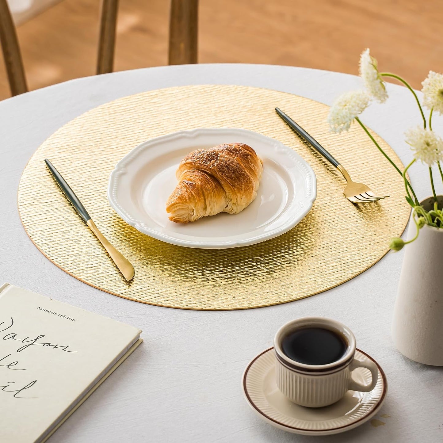 Jovono 15" Faux Leather Big Round Placemats Set of 8 - Washable Heat Resistant Non-Slip Dining Table Mats with Fabric