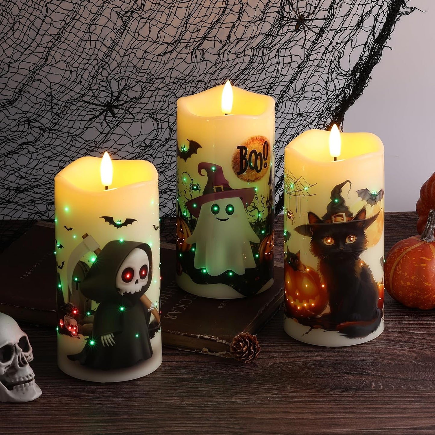 Fiber Optic Halloween Flameless Pillar Candles with Remote 3 Pack | Ghost Cat Bat LED Candles Flickering, 3 AA Battery