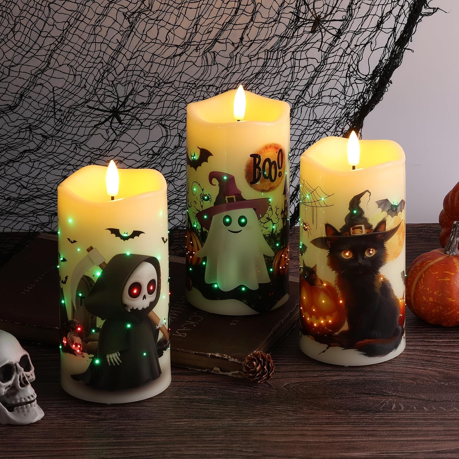 Fiber Optic Halloween Flameless Pillar Candles with Remote 3 Pack | Ghost Cat Bat LED Candles Flickering, 3 AA Battery