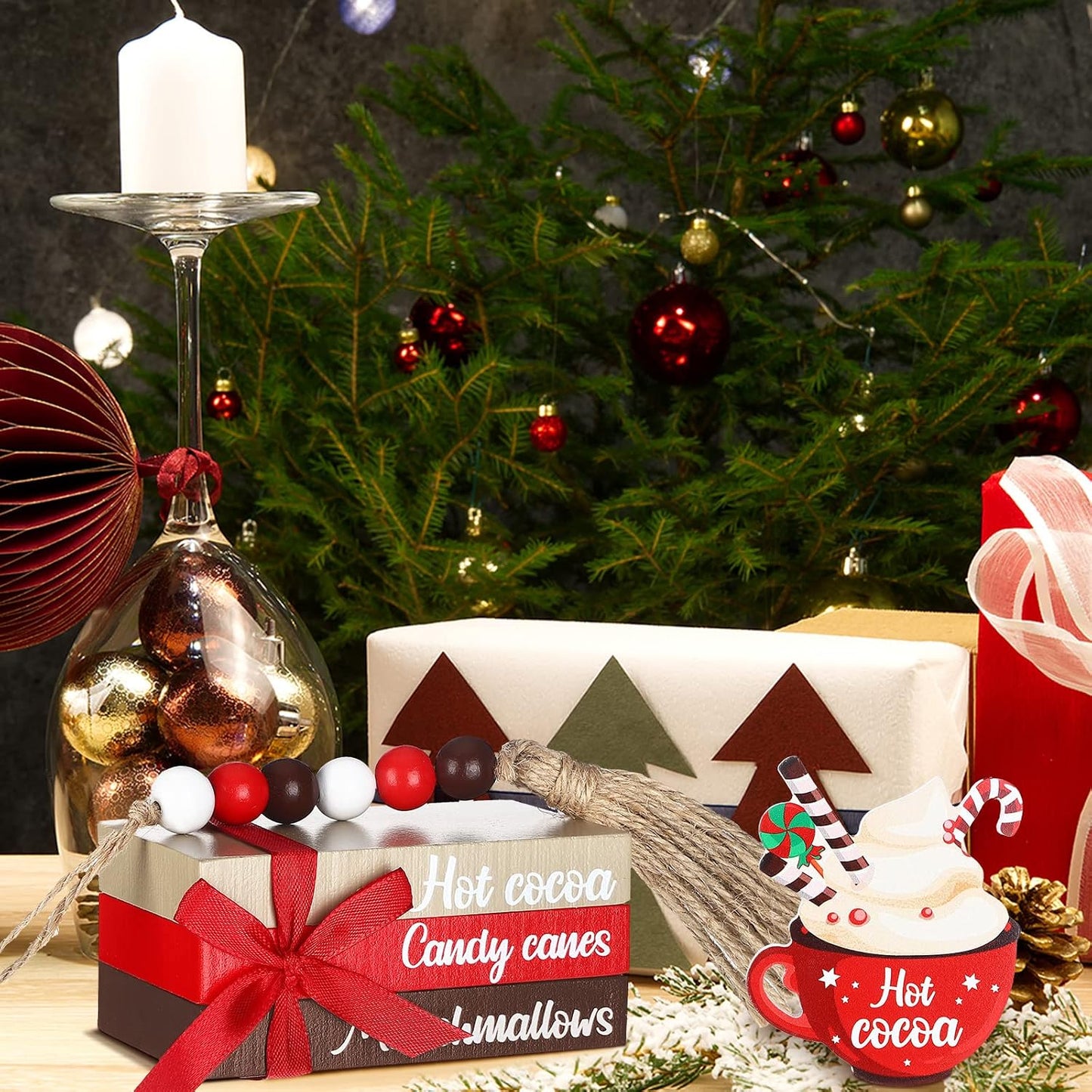 Christmas Farmhouse Tiered Tray Decor Winter Hot Cocoa Wood Decorative Stack Book Decor / Set of 5