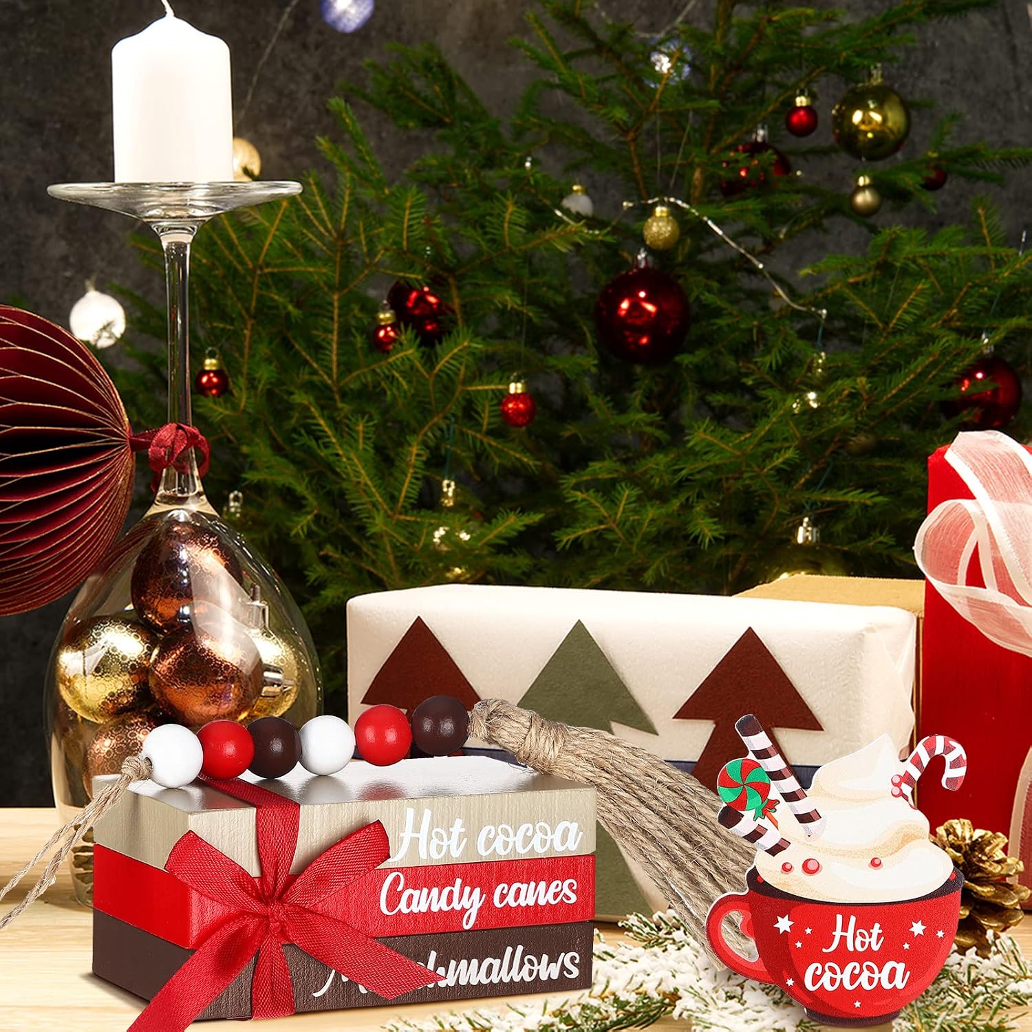 Christmas Farmhouse Tiered Tray Decor Winter Hot Cocoa Wood Decorative Stack Book Decor / Set of 5