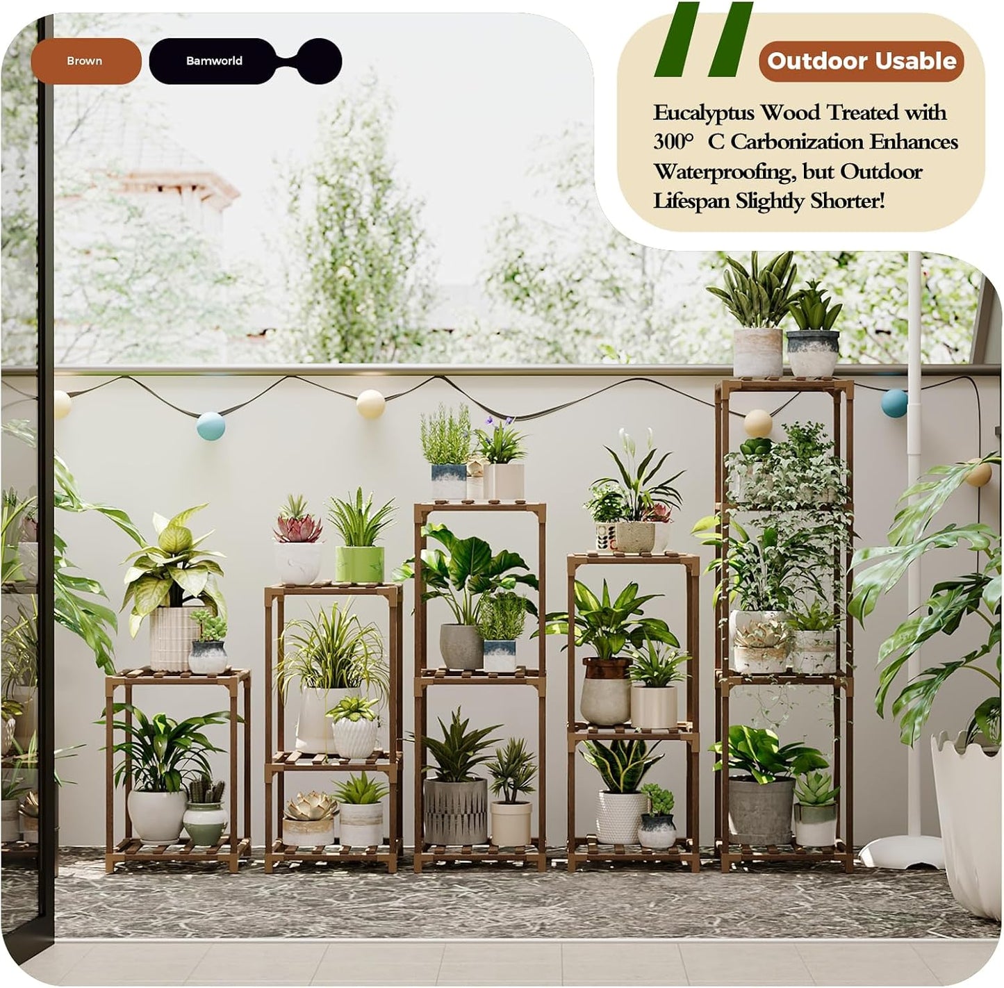 Bamworld Plant Stands Indoor 5 Sets Plant Shelves Outdoor | Wooden Plant Holder for Multiple Plants Flower Stands for