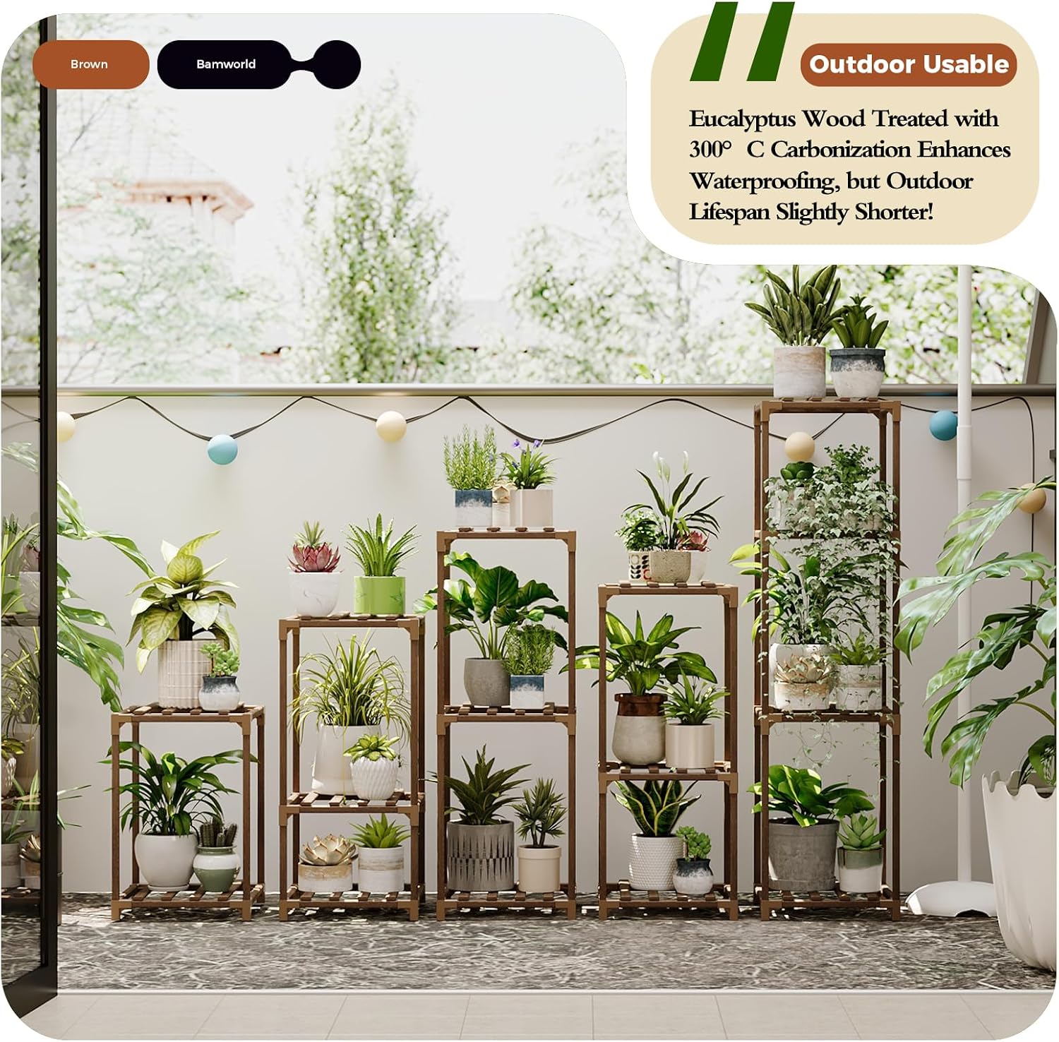 Bamworld Plant Stands Indoor 5 Sets Plant Shelves Outdoor | Wooden Plant Holder for Multiple Plants Flower Stands for