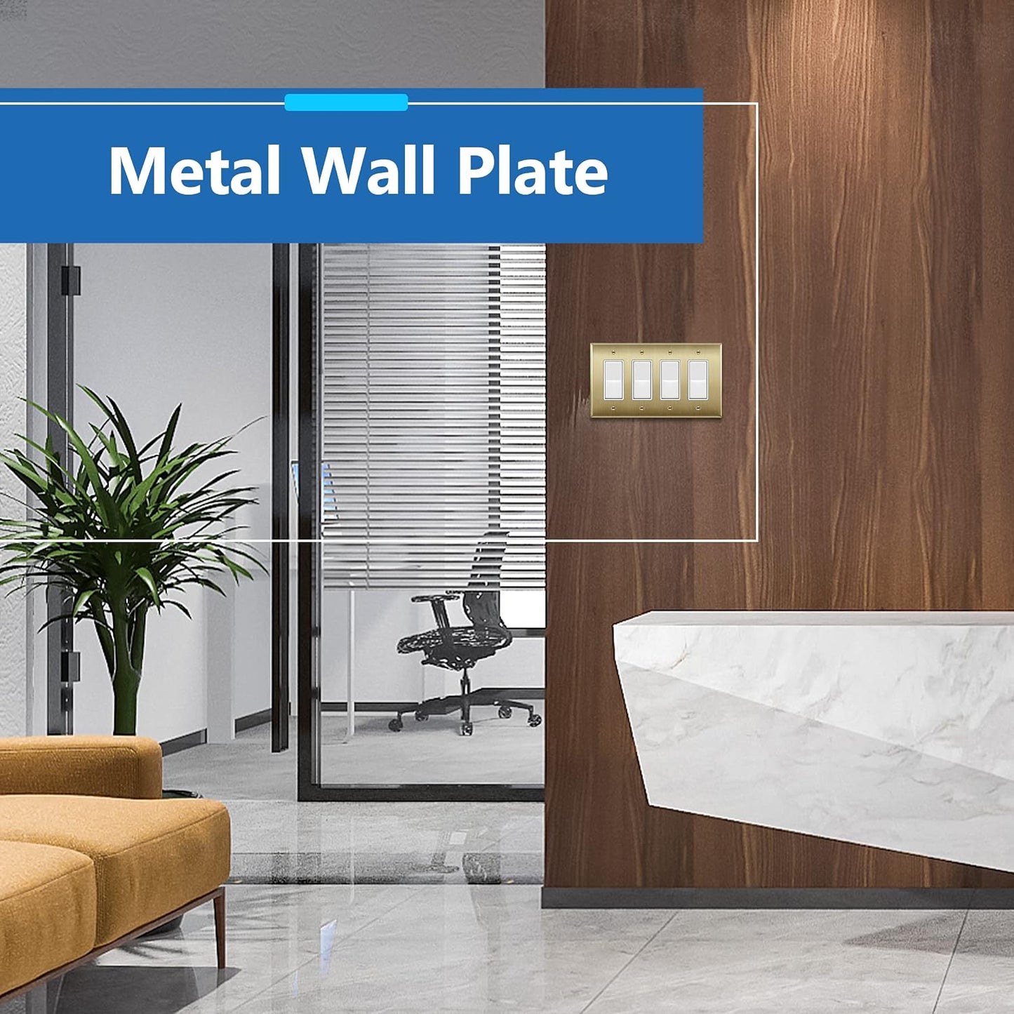 LIDER Decorator Switch or Receptacle Metal Wall Plate, Mid-Size 4-Gang | Stainless Steel, Corrosion Resistant, Brushed