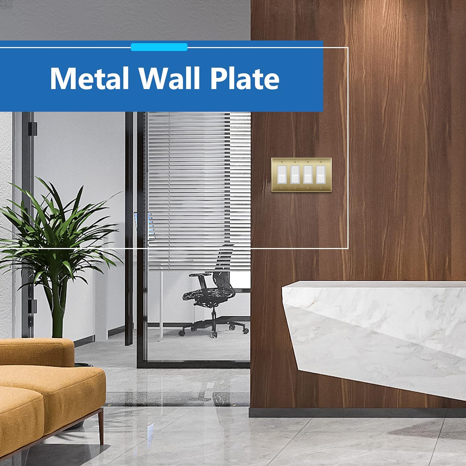 LIDER Decorator Switch or Receptacle Metal Wall Plate, Mid-Size 4-Gang | Stainless Steel, Corrosion Resistant, Brushed