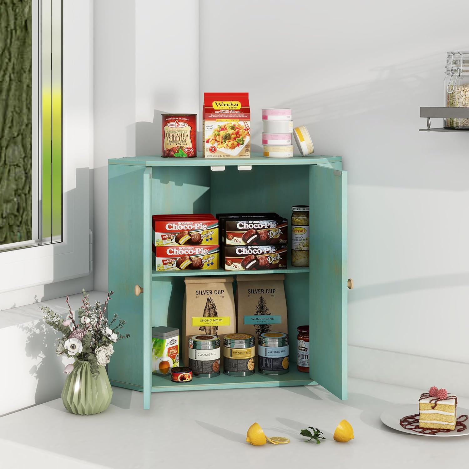 Trironsun Corner Bread Box for Kitchen Counter Double Layer Bamboo Bread Storage Container Large Capacity Bread Storage