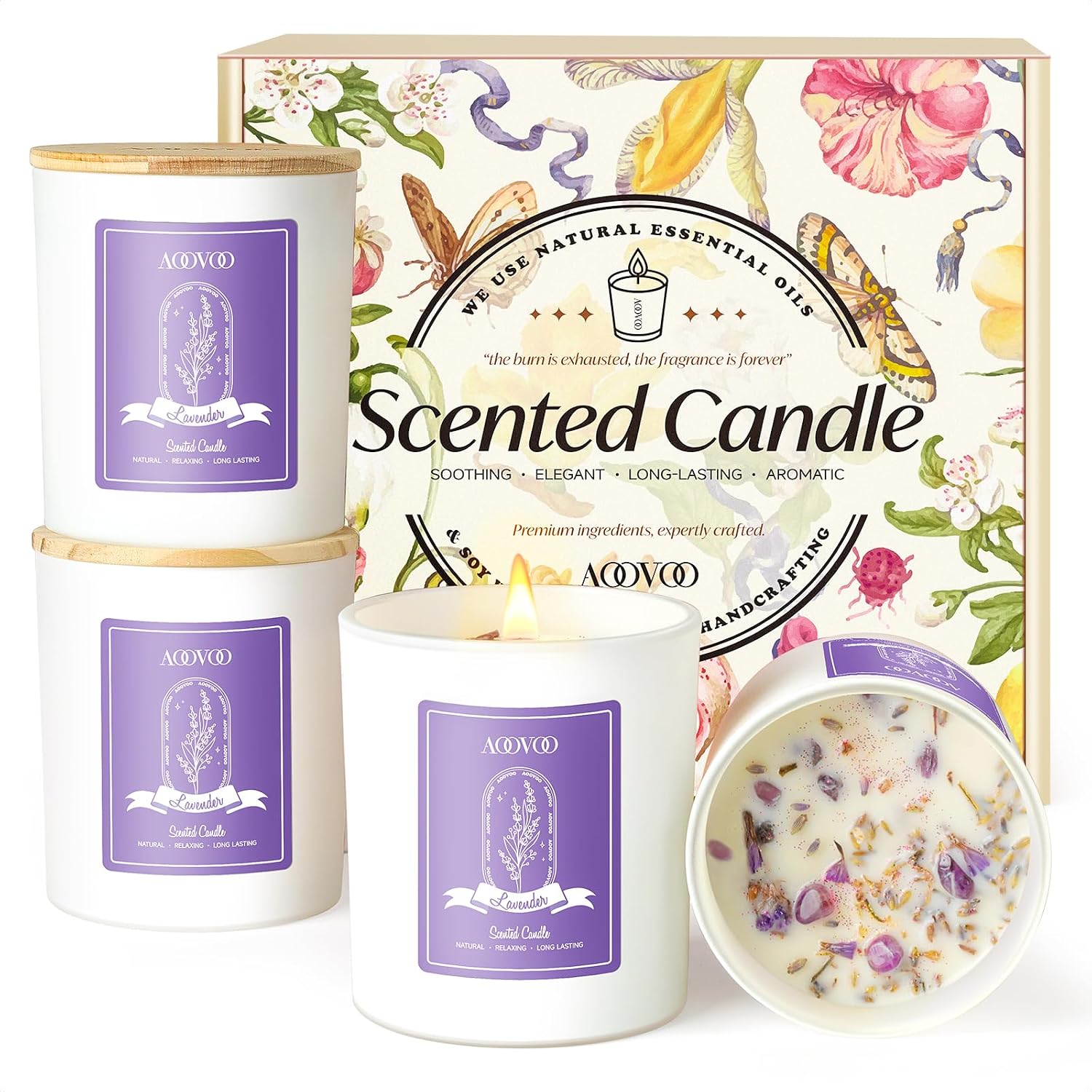 AOOVOO Lavender Candles Set for Women - 4 Pack Candles for Home Scented, Aromatherapy Candle with Crystals Inside, 20