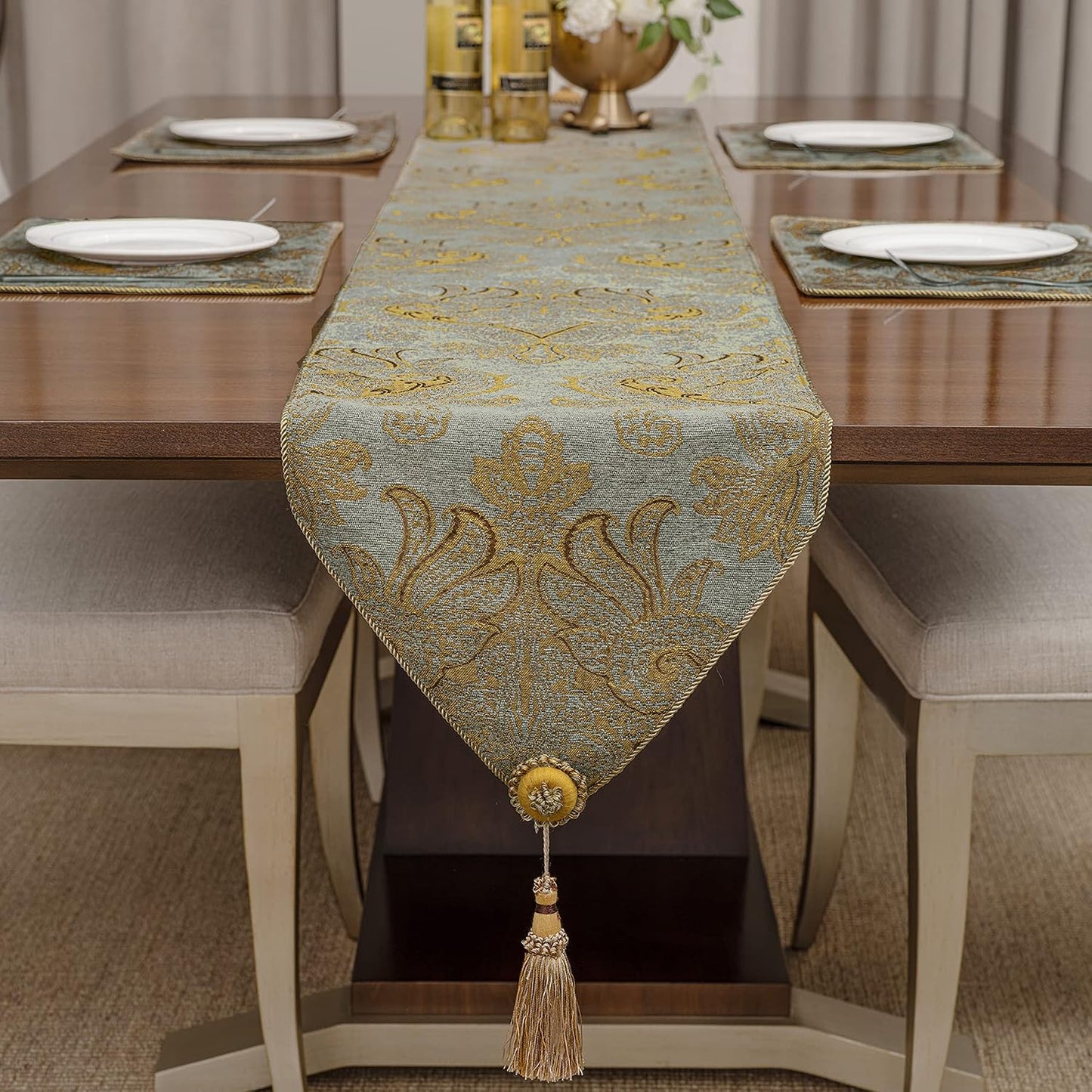 Loom and Mill Luxury Chenille Damask Table Runner 72 inches Long, Blue Gold | Traditional Jacquard Table Runners with