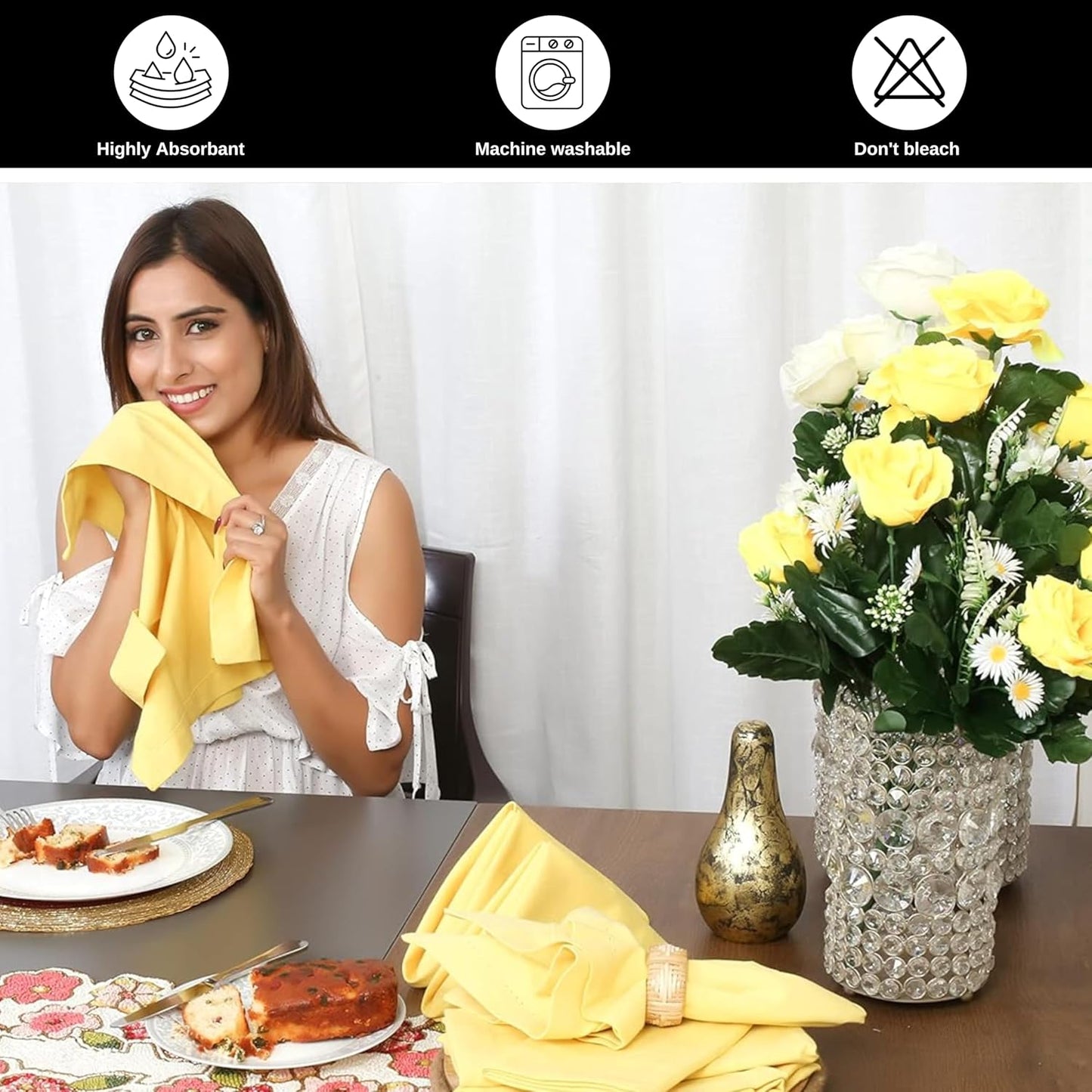 Bedding Craft Cotton Dinner Cloth Napkins Set of 12 – 18x18 Sand Yellow – Reusable & Machine Washable Fabric Napkins