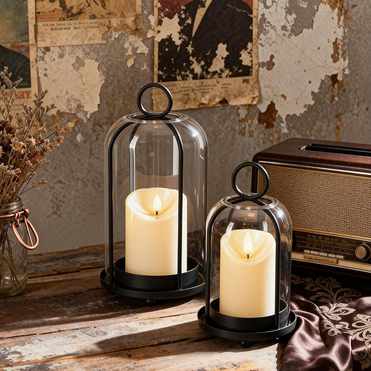Glass Hurricane Candle Holder Decorative Black Metal Pillar Candle Lantern | Set of 2, Hanging Candlestick Holders